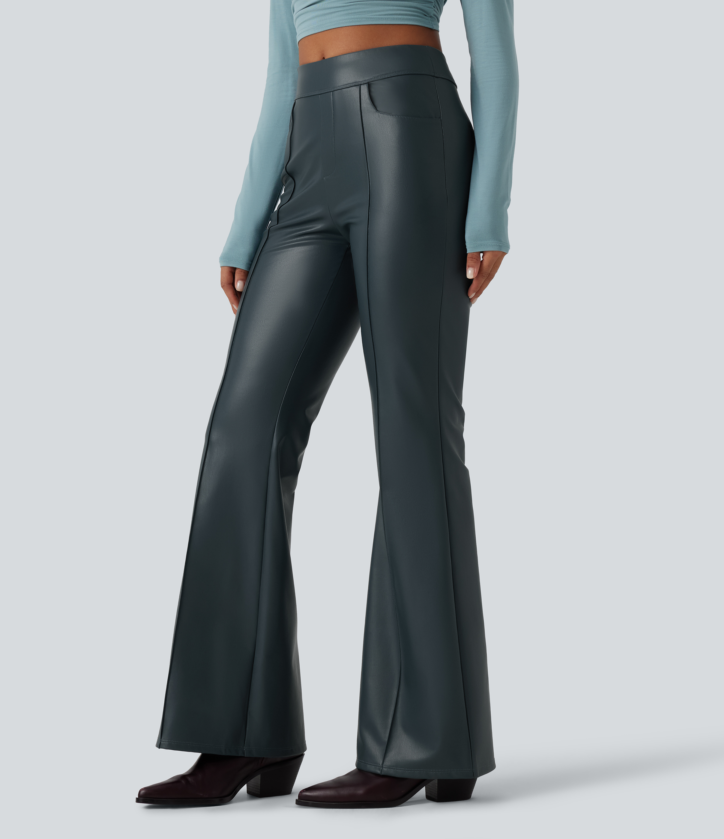 Mid Rise Stretchy PU Fleece Casual Bootcut Pants with Pockets
