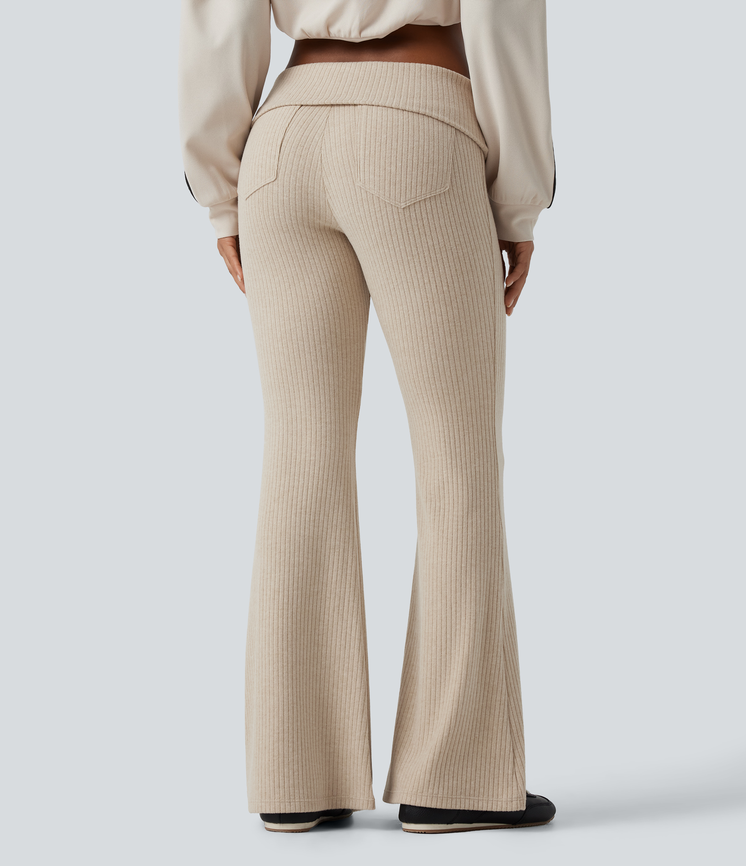 Fog Ribbed Knit Low Rise Foldover Flare Casual Pants with Pockets / 2