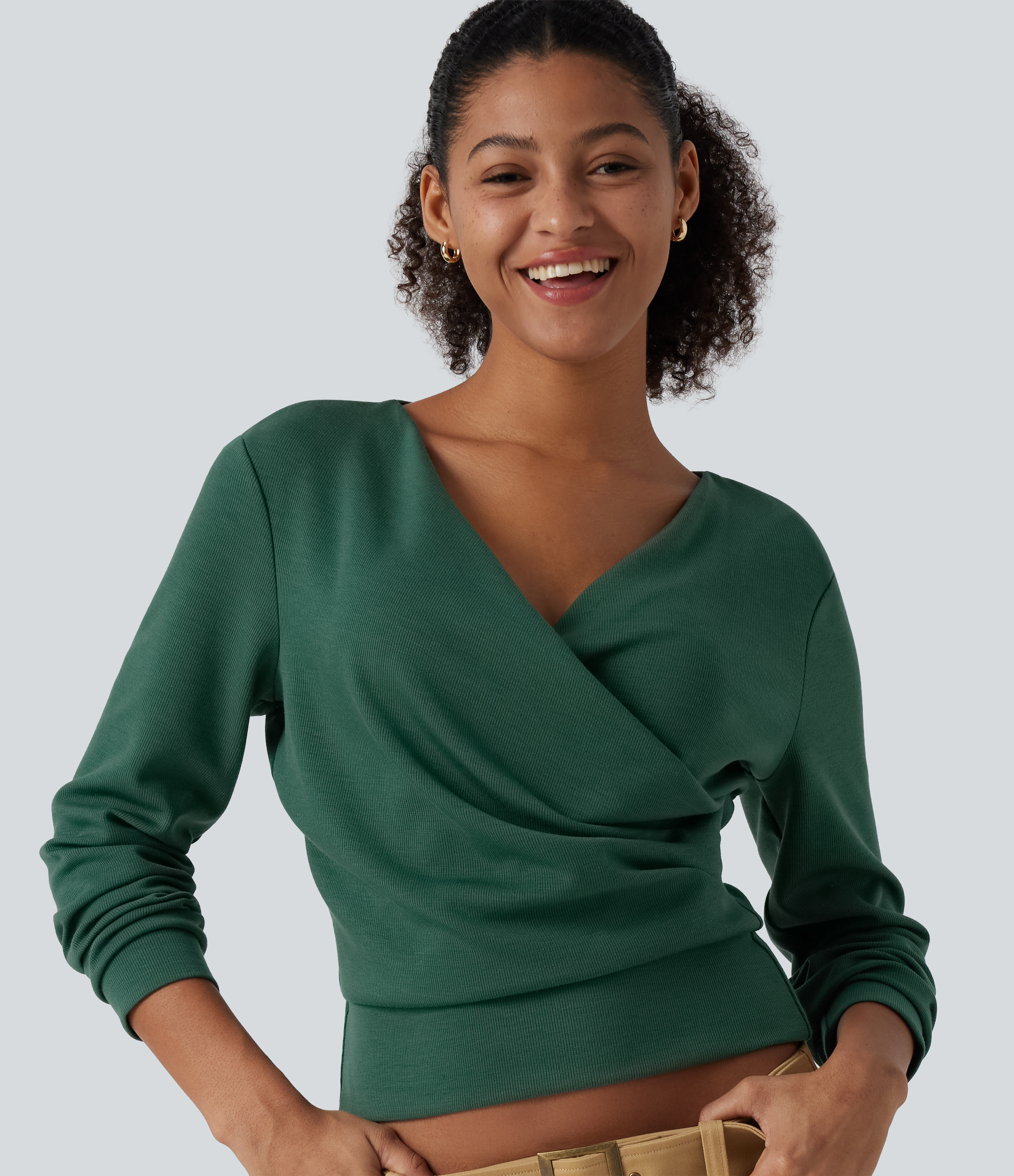 V Neck Long Sleeve Crossover Ruched Yoga Sweatshirt