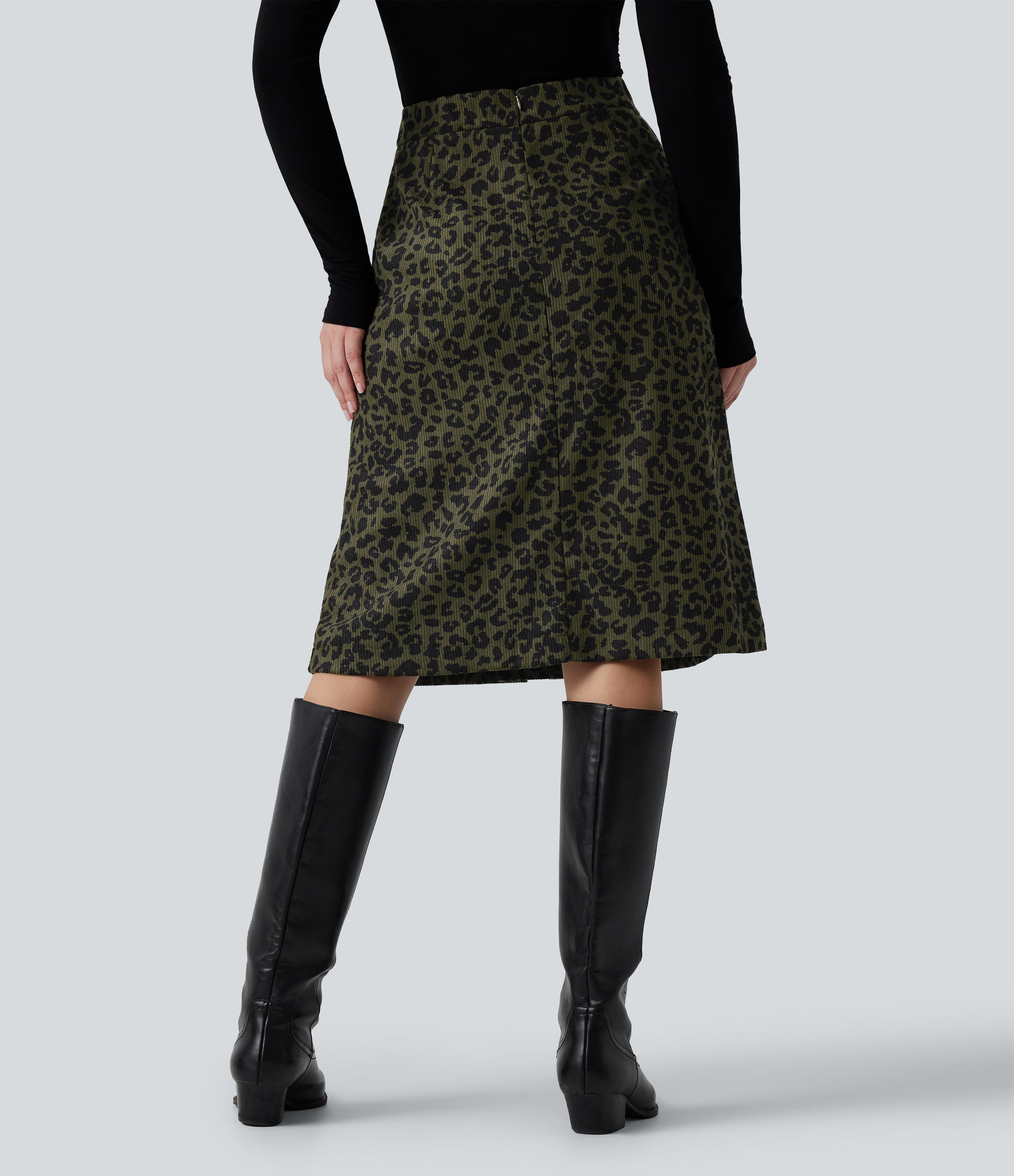 Big Forest Cat High Waisted Leopard Print Corduroy Casual Midi Skirt with Pockets / 2