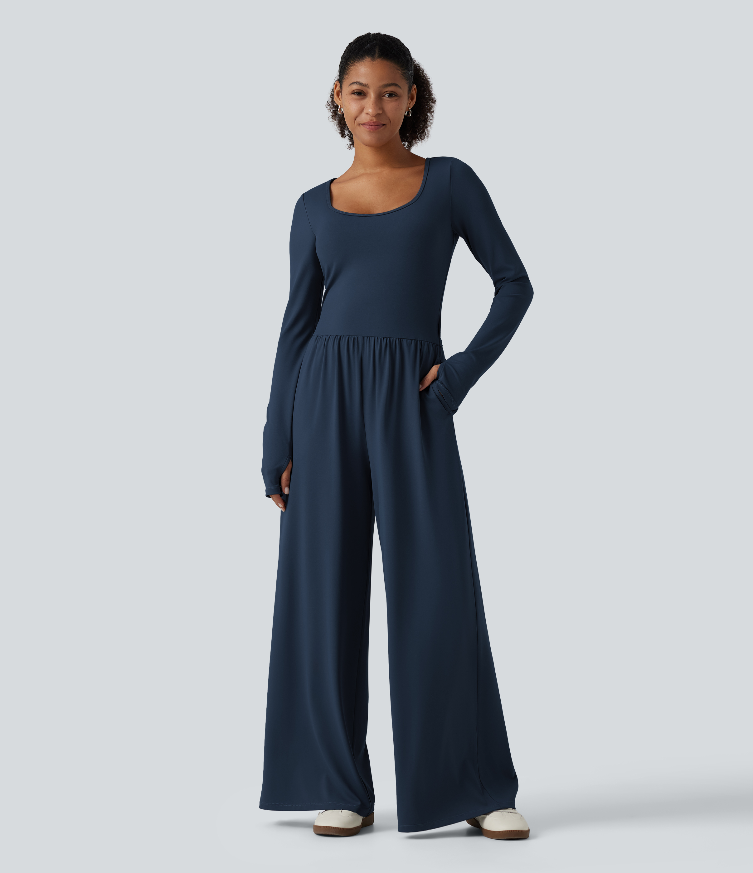 U Neck Long Sleeve Thumb Hole Wide Leg Ruched Casual Jumpsuit with Built-in Bra and Pockets -Easy Peezy Edition