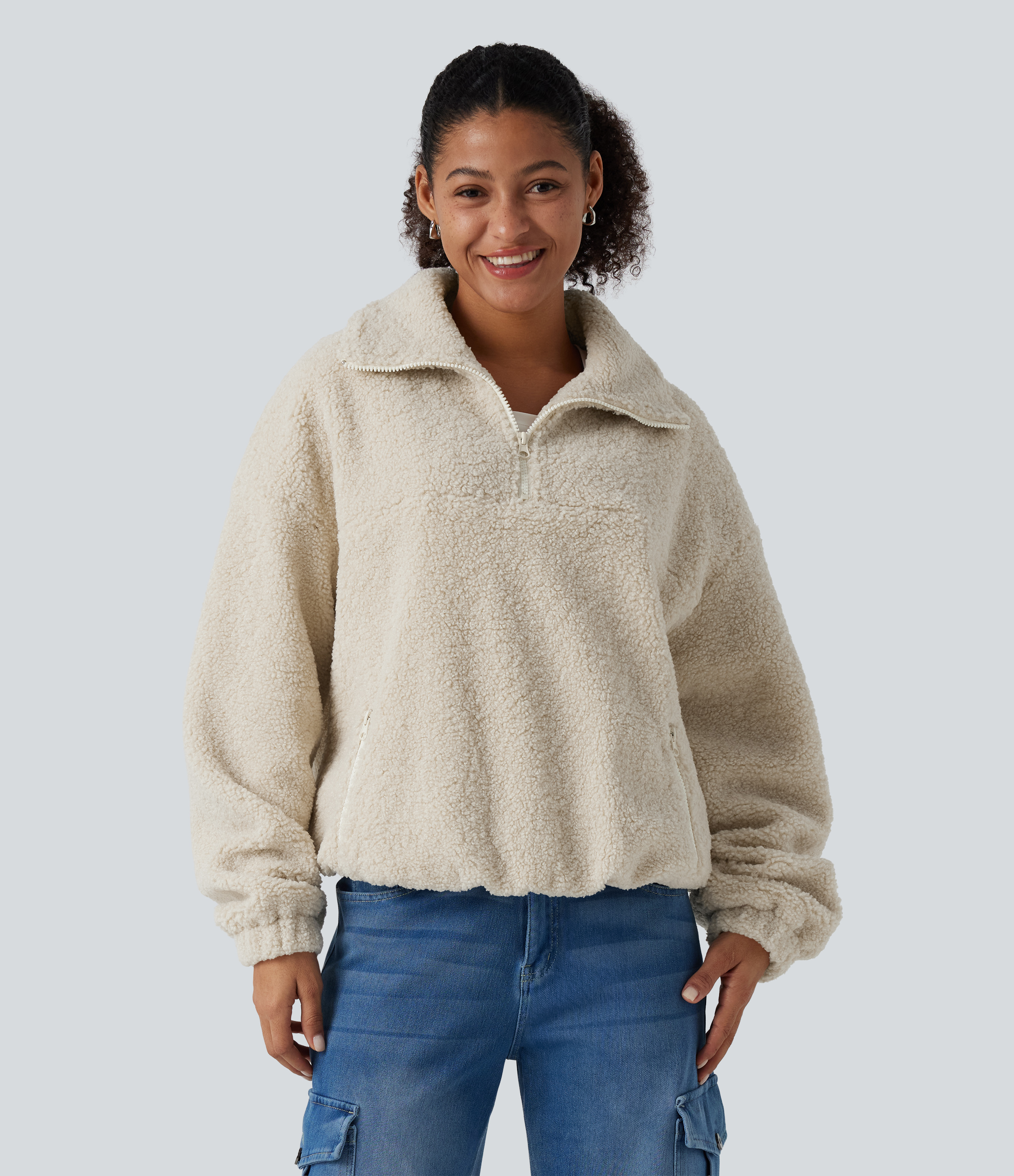 Stand Collar Long Sleeve Casual Sports Sweatshirt with Pockets