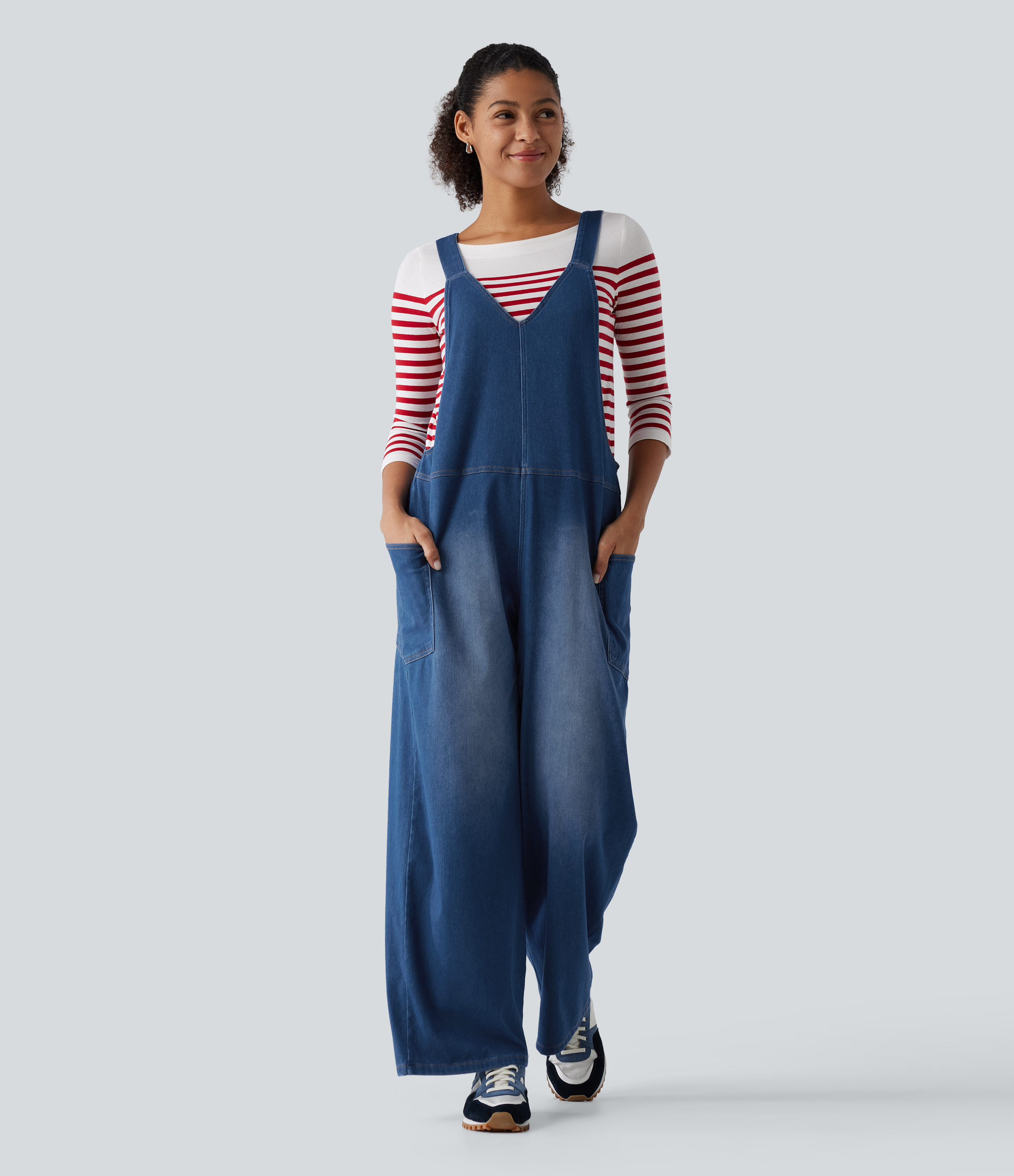 Halara Flex™ V Neck Wide Leg Denim Casual Overalls with Pockets