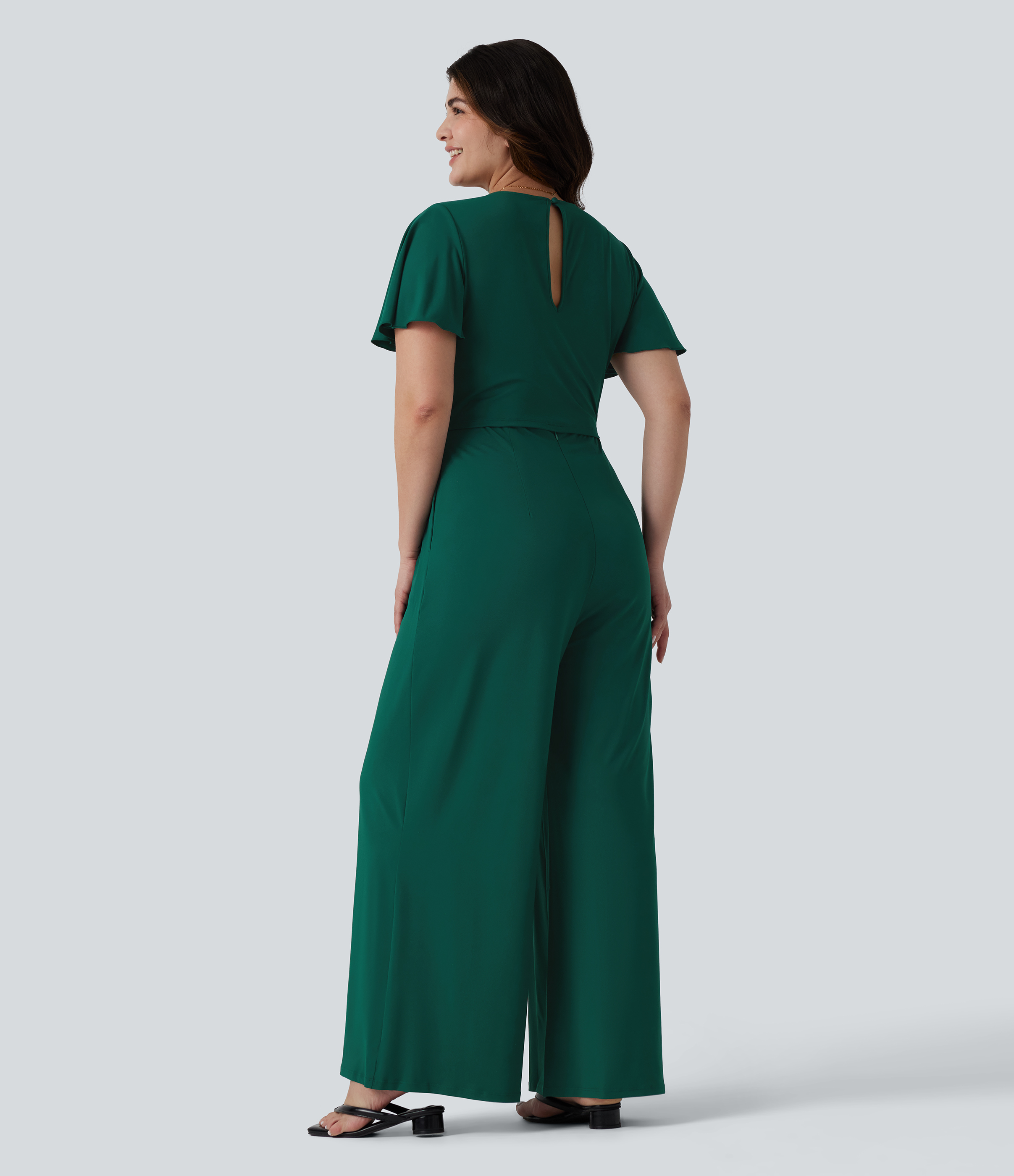 Rain Forest Plus Size Round Neck Short Sleeve Tie Front Wide Leg Party Jumpsuit with Pockets-Easy Peezy Edition / 2