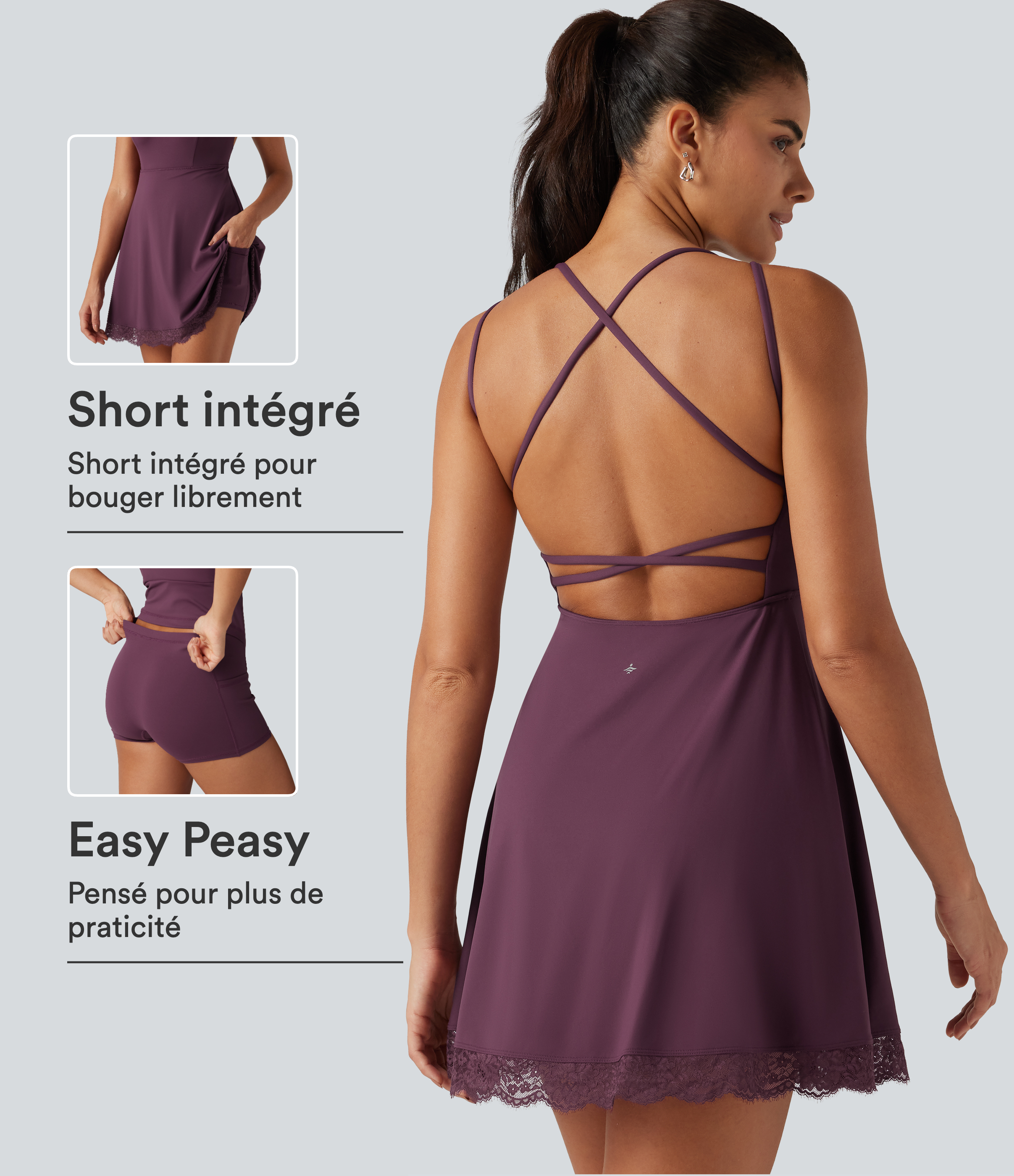 Fig Robe-short mini de danse SoftlyZero™ Airy InstantCool à encolure en V, dentelle contrastée et coussinets amovibles avec poches – Easy Peasy / 1