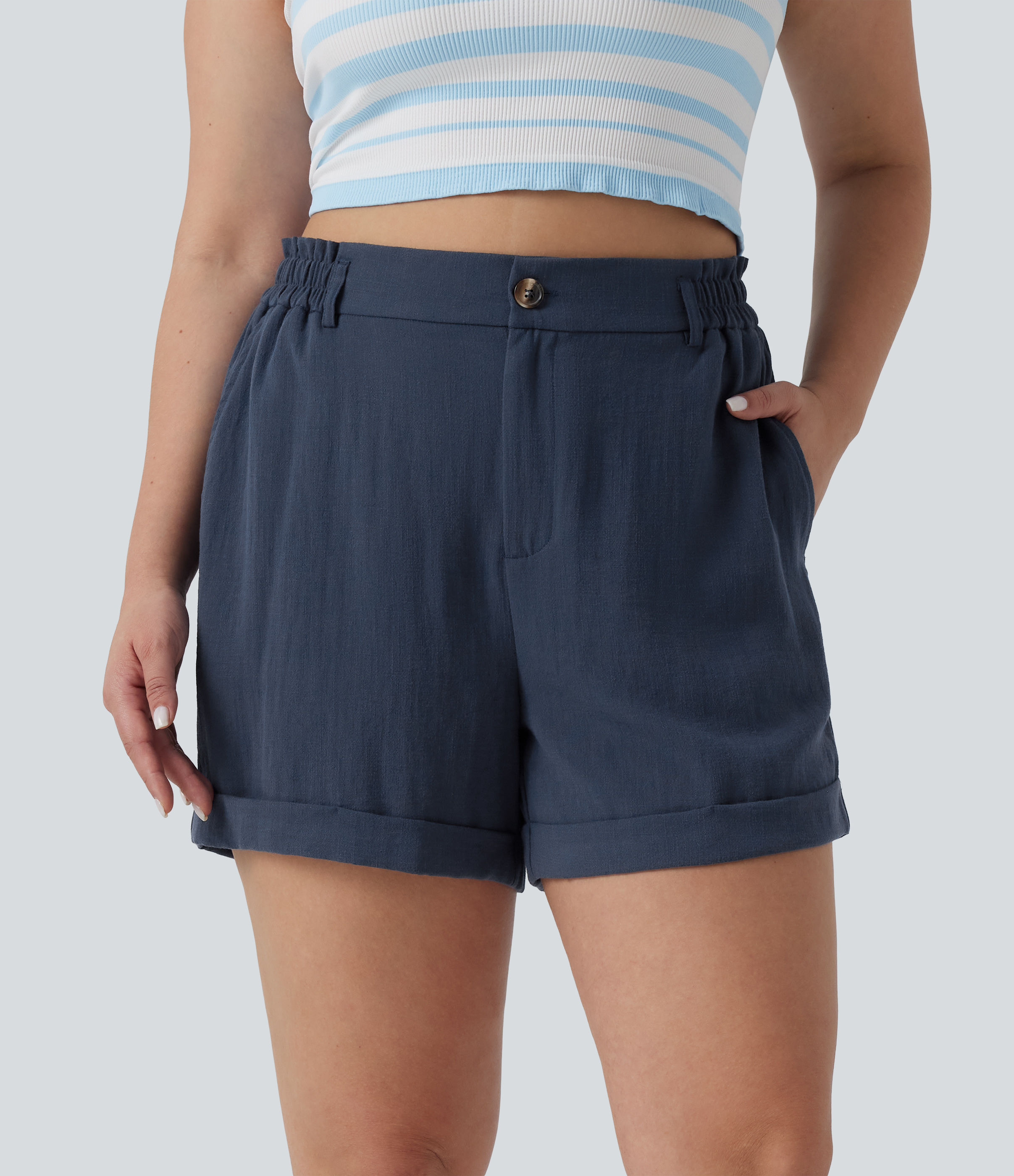 Plus Size High Waisted Rolled Hem Linen-Feel Resort Shorts 5'' with Pockets