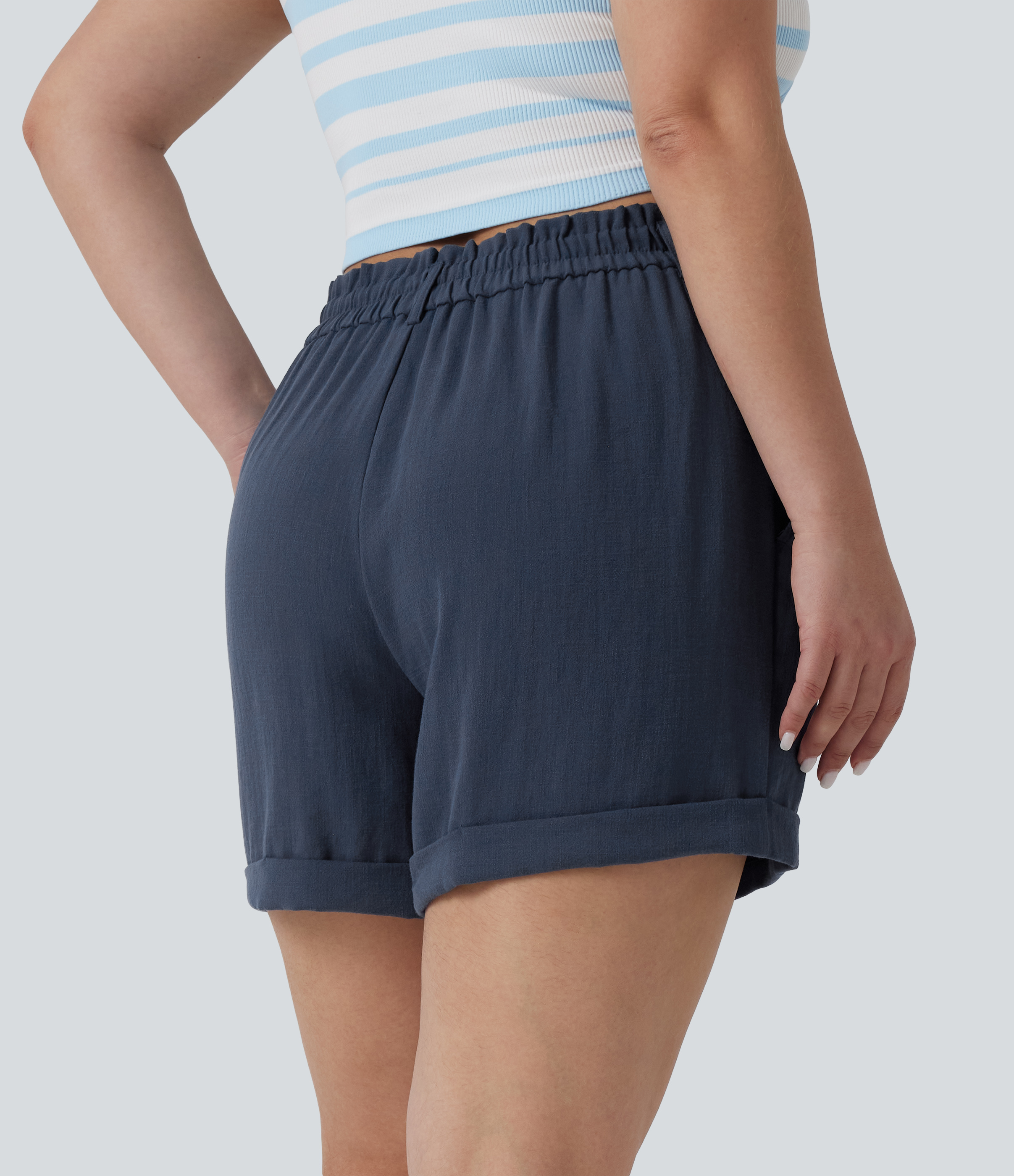 Deep Secluded Blue Plus Size High Waisted Rolled Hem Linen-Feel Resort Shorts 5'' with Pockets / 2