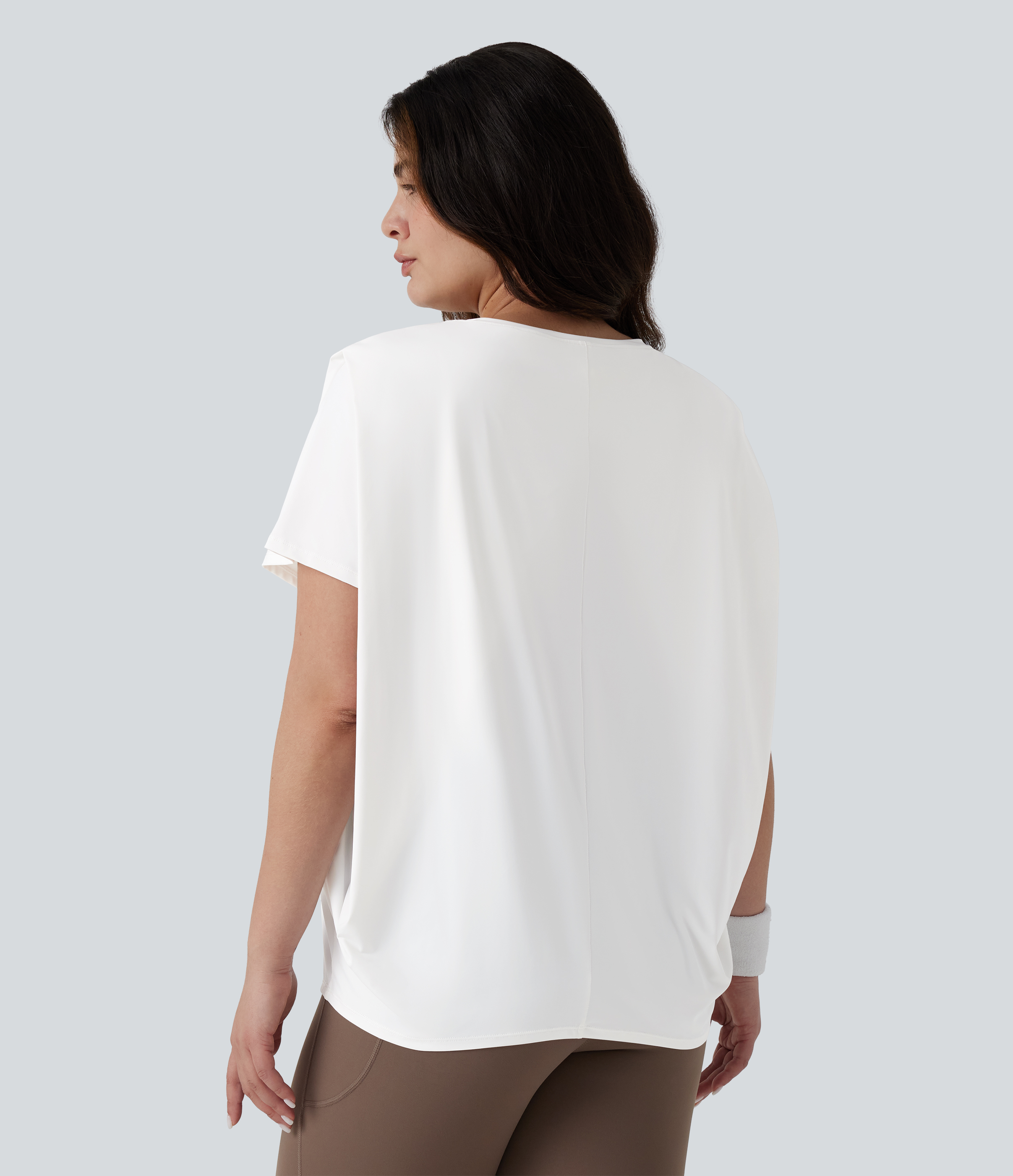 White Plus Size Round Neck Short Sleeve Ruched InstantCool Yoga Sports Top-UPF50+ / 2