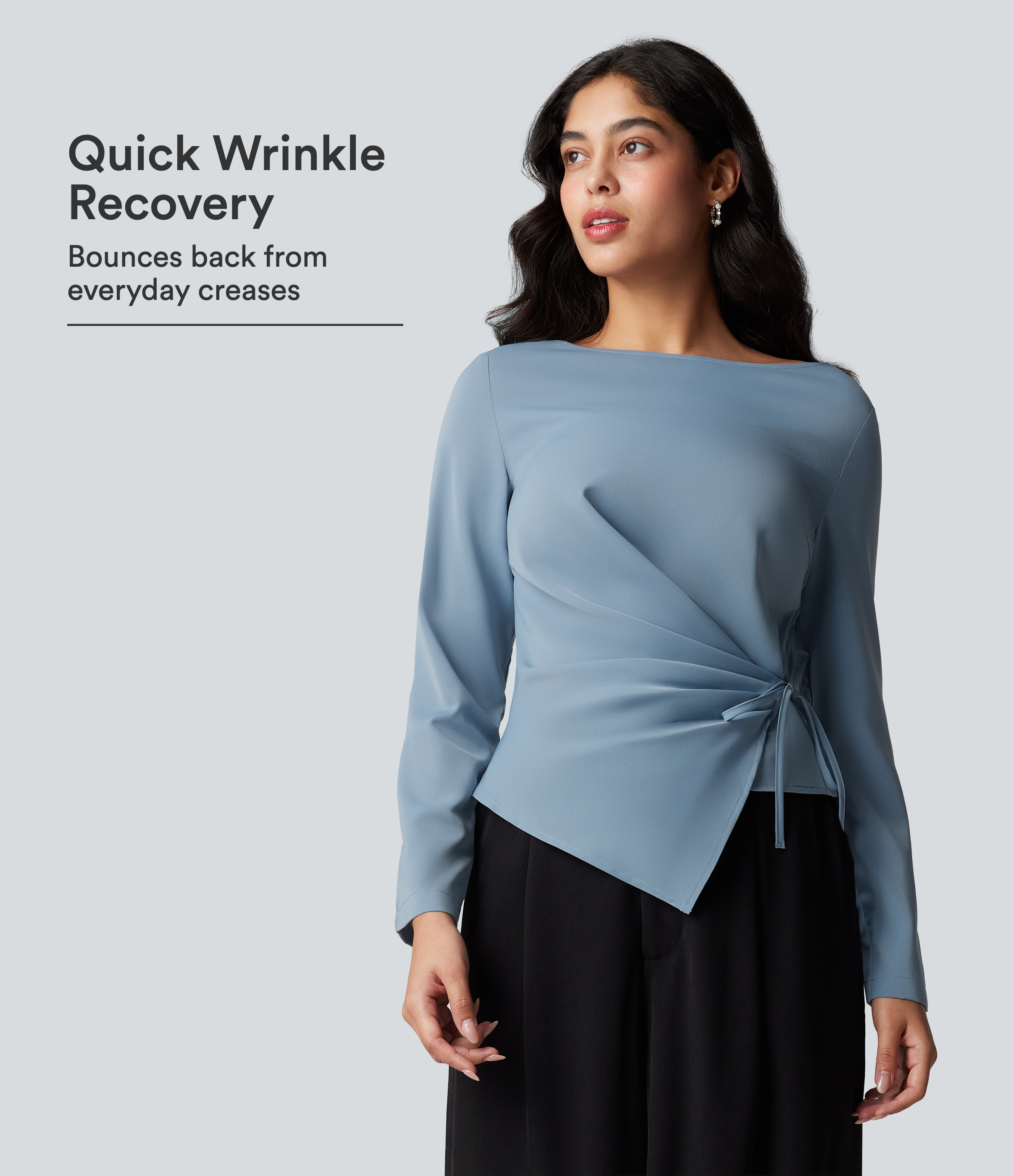 Wrinkle Recovery Boat Neck Long Sleeve Ruched Tie Work Blouse