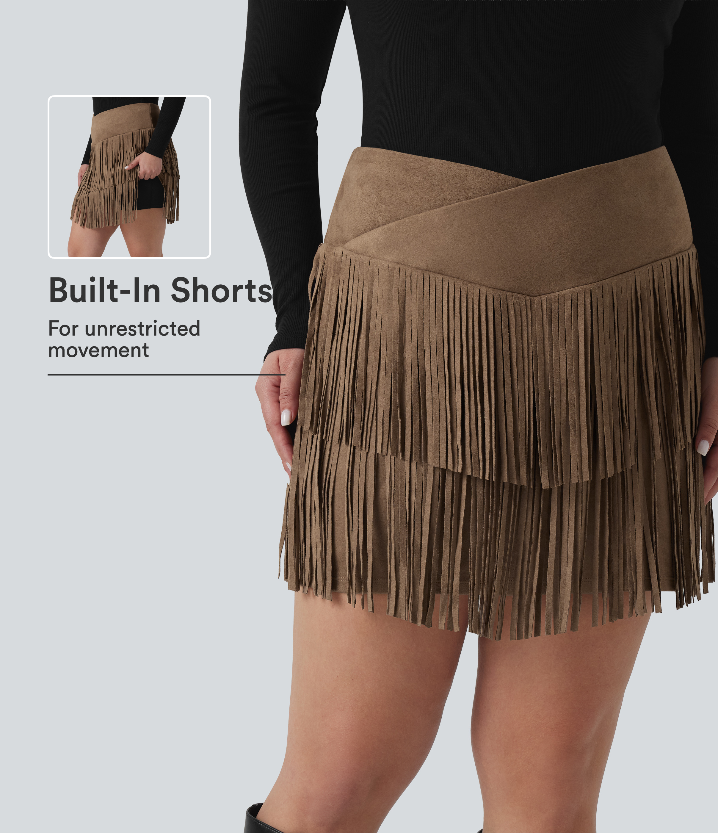 Plus Size High Waisted Crossover 2-in-1 Fringe Bodycon Suede Mini Party Skirt