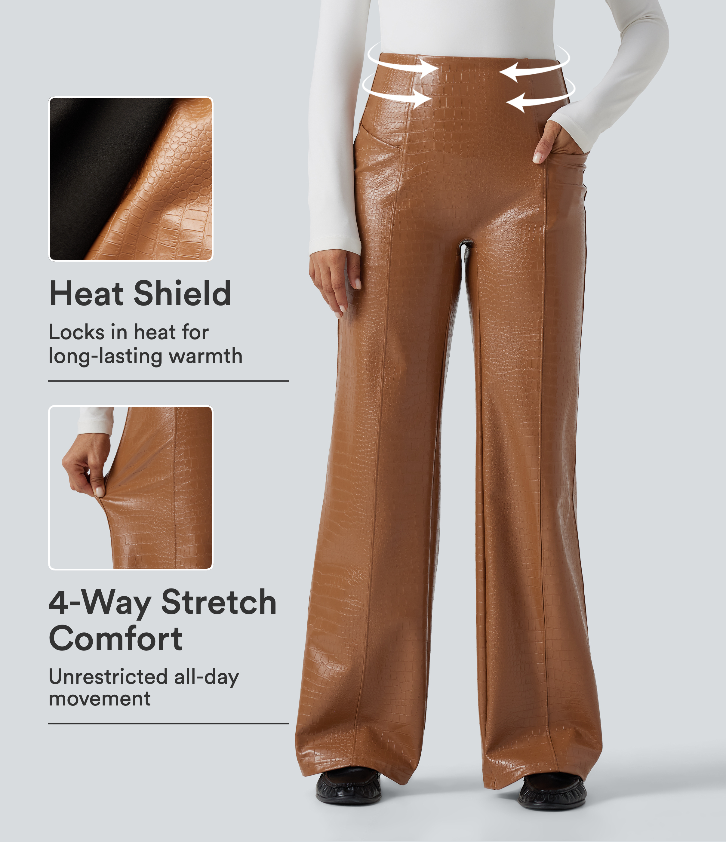High Waisted Tummy Control Snakeskin Print Stretchy PU Fleece Flare Casual Pants with Pockets