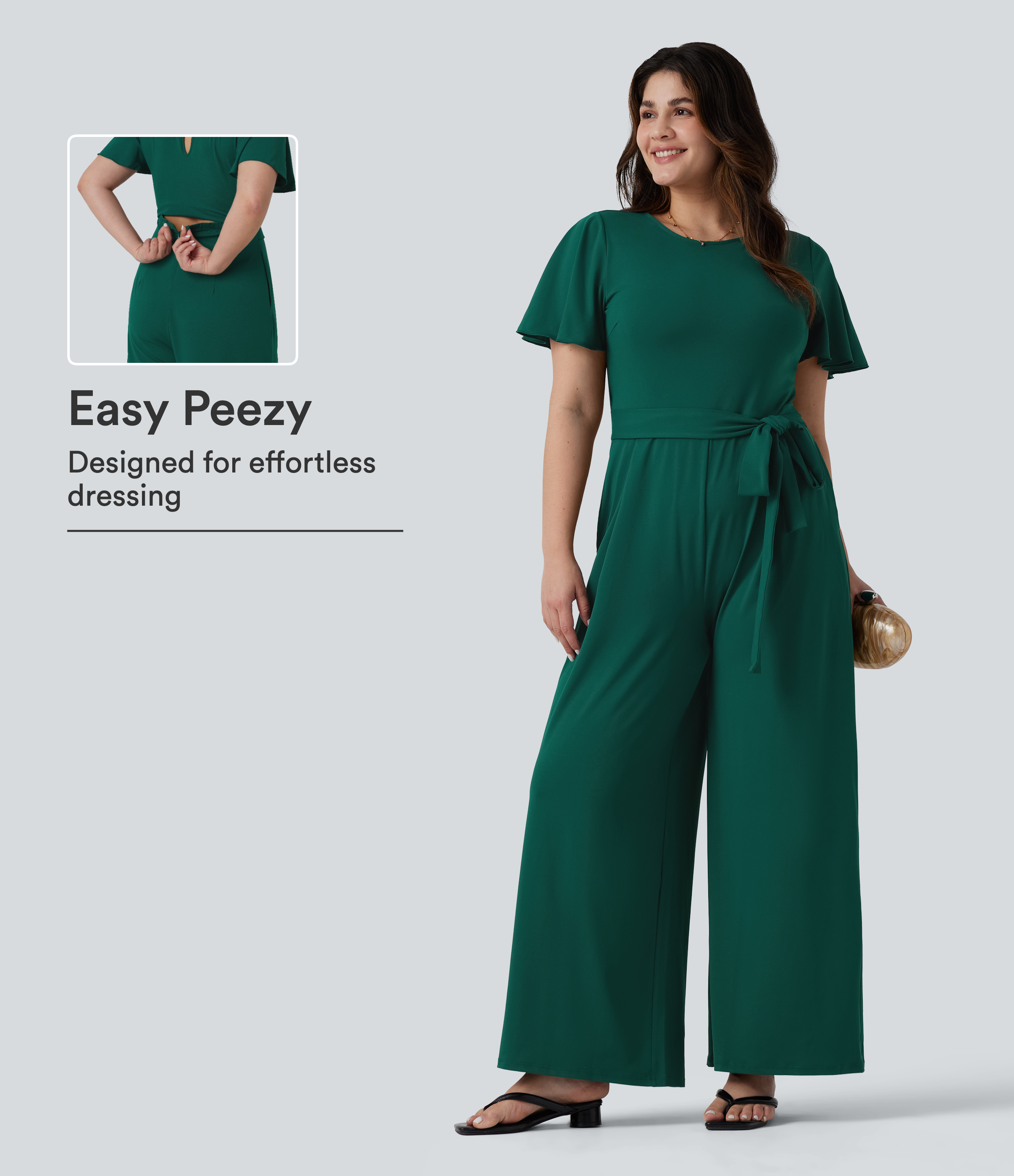 Plus Size Round Neck Short Sleeve Tie Front Wide Leg Party Jumpsuit with Pockets-Easy Peezy Edition
