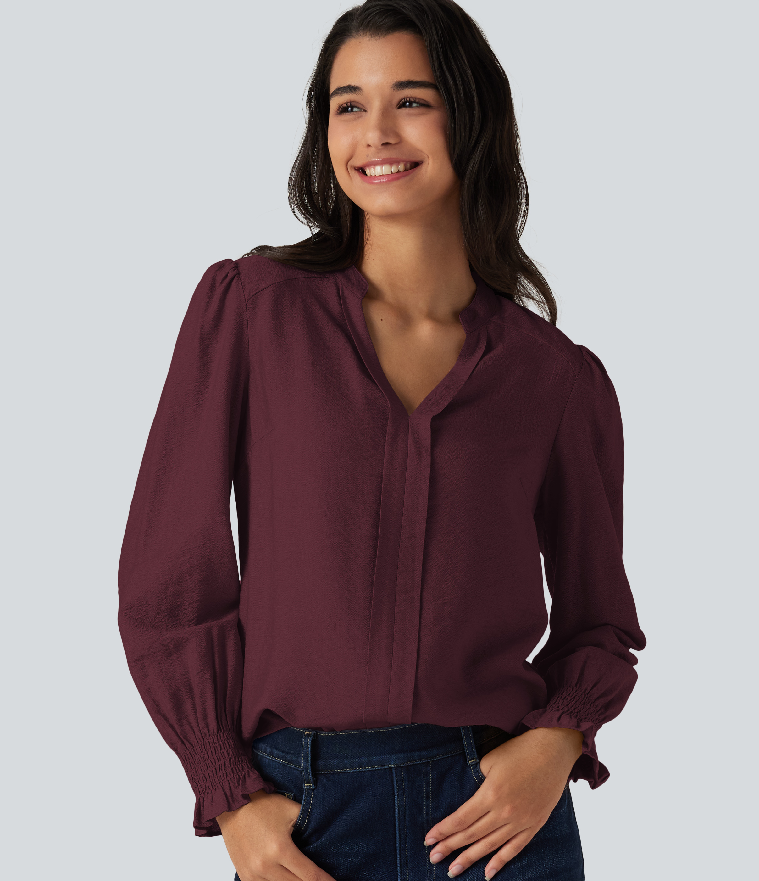V Neck Puff Long Sleeve Casual Blouse
