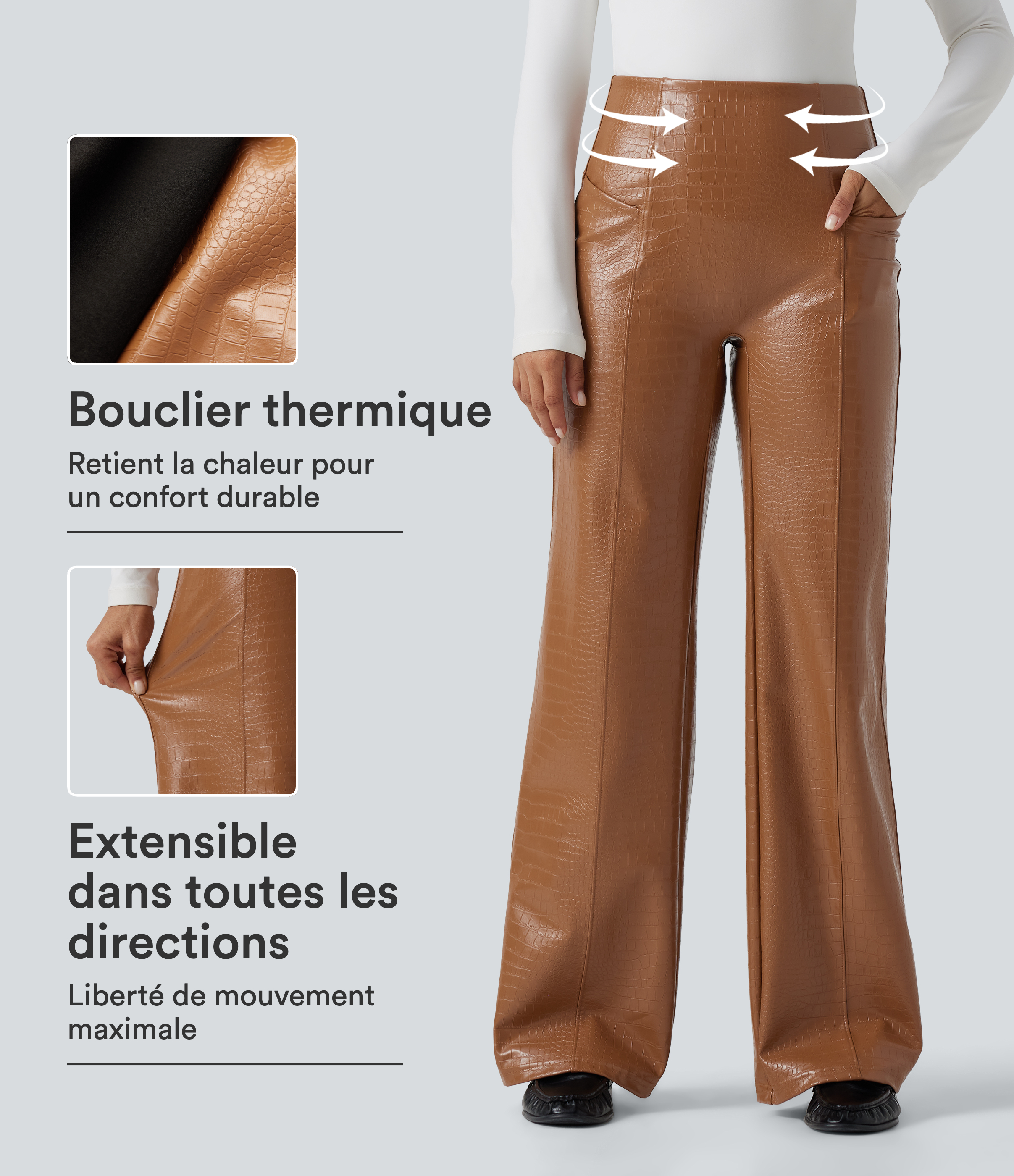 Pantalon flare en simili stretch doublé polaire, taille haute, gainant et imprimé serpent avec poches