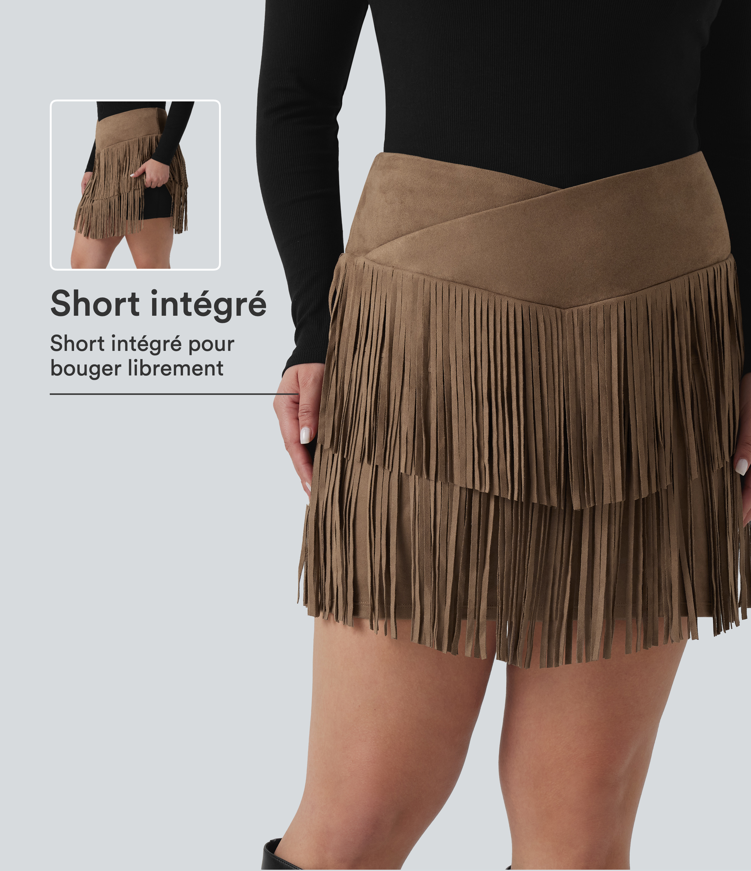 Jupe-short mini de soirée grande taille en suédine, taille haute, moulante, à ourlet croisé et franges