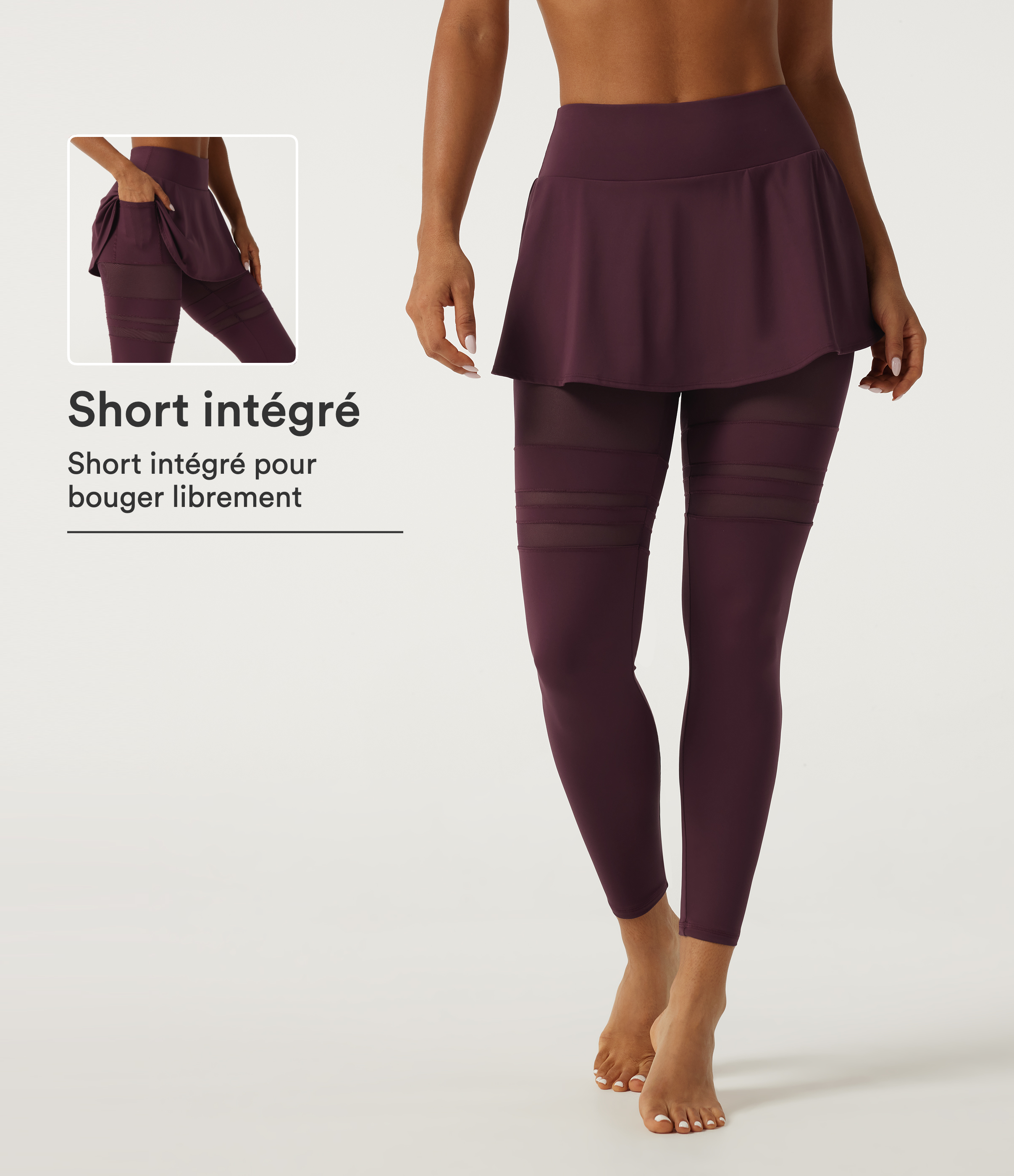 Berry Red Legging-jupe de danse SoftlyZero™ Airy taille mi-haute plissé avec mesh contrasté et poches / 1