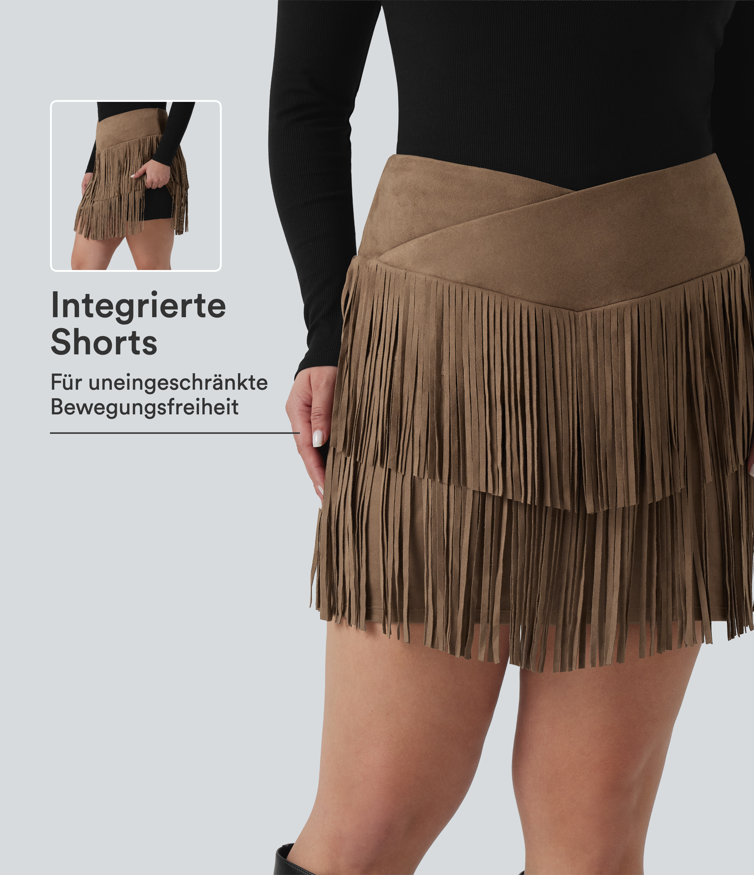 Figurbetonter 2-in-1 Party-Minirock aus Wildleder mit hohem Crossover-Bund und Fransen - Plus Size