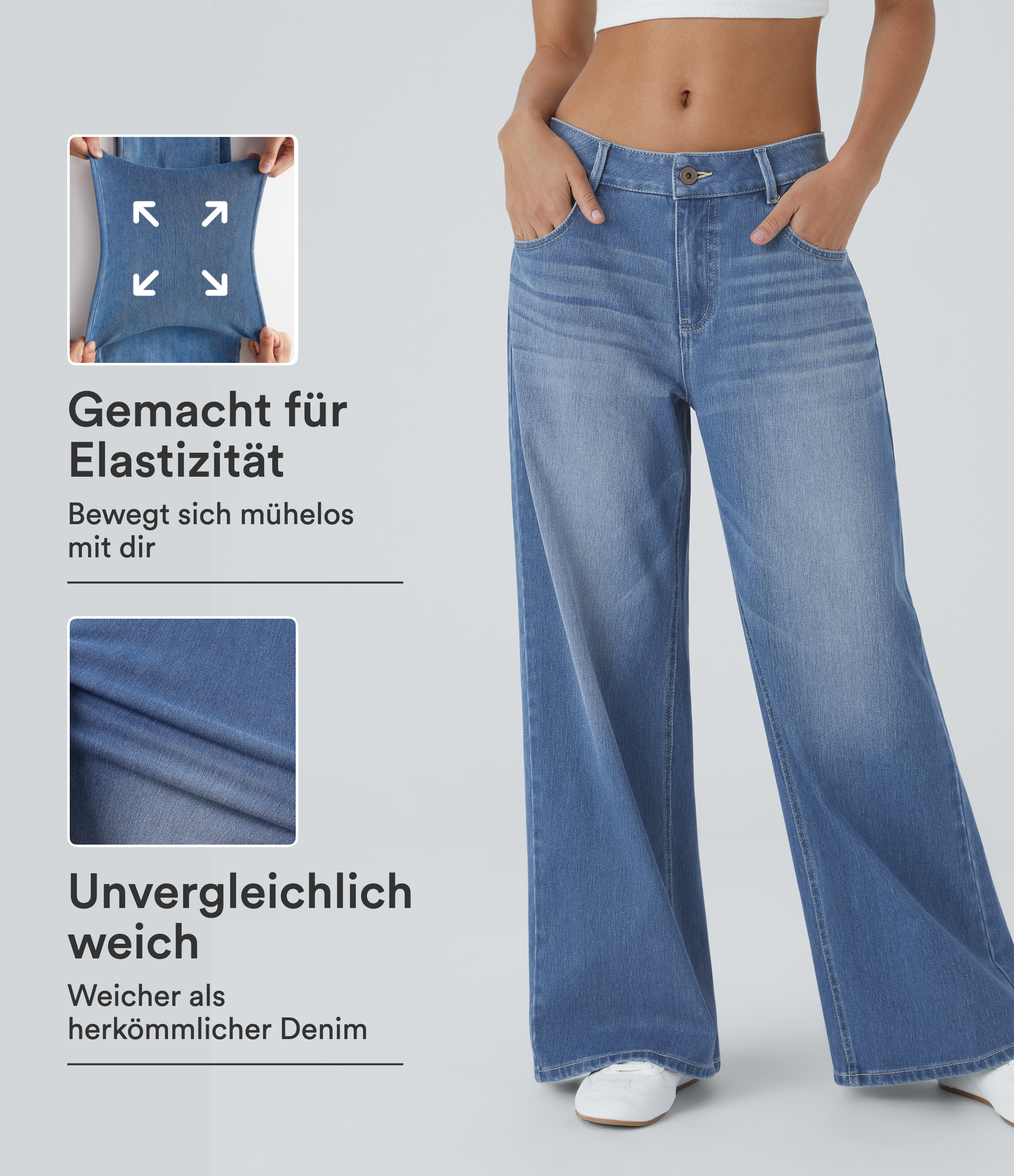 Halara Flex™ lässige, verwaschene Baggy Jeans aus elastischem Strick-Denim mit niedrigem Bund, Knopf, Reißverschluss, mehreren Taschen und weitem Bein