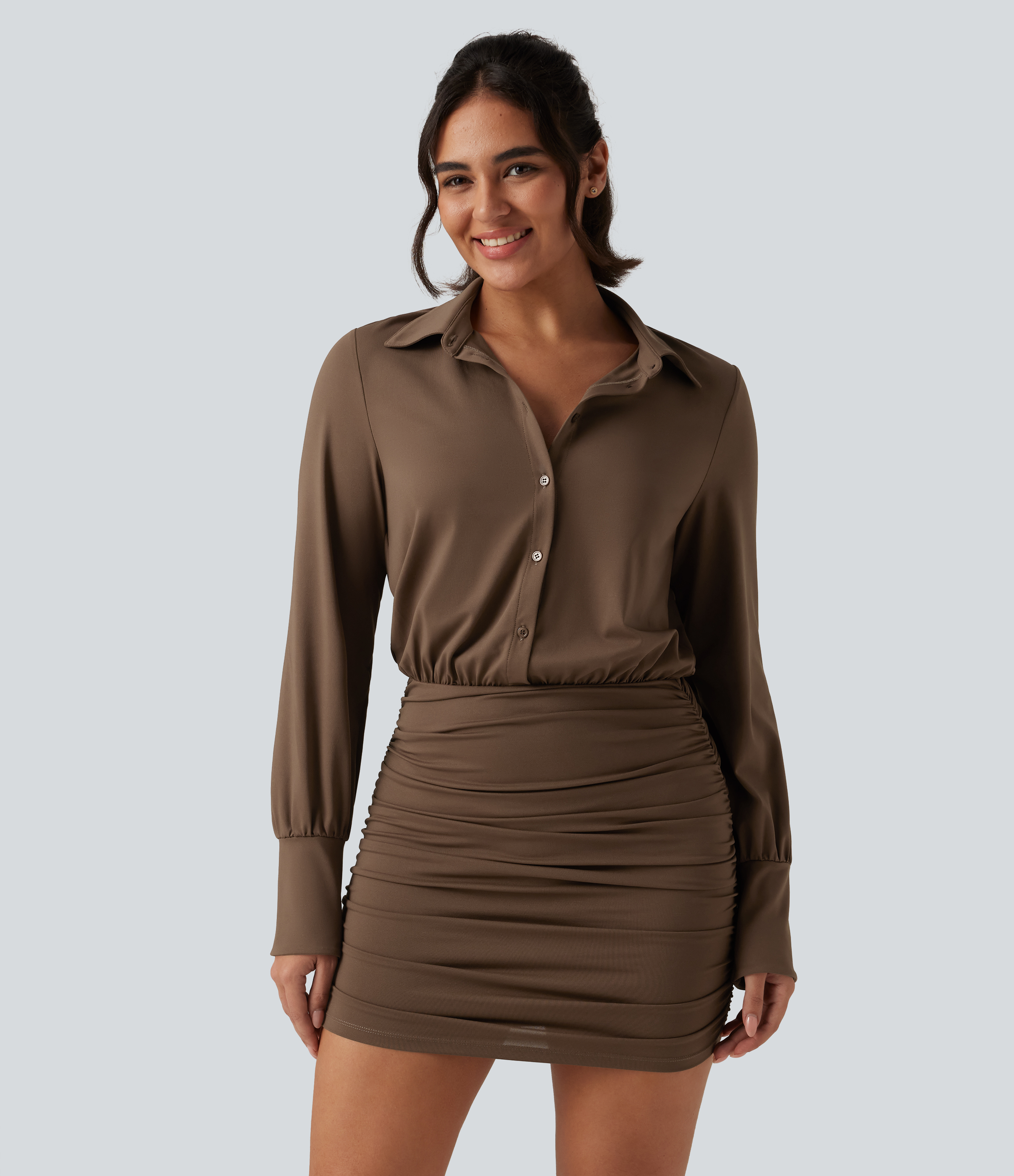 Long Sleeve Ruched Casual Mini Shirt Dress