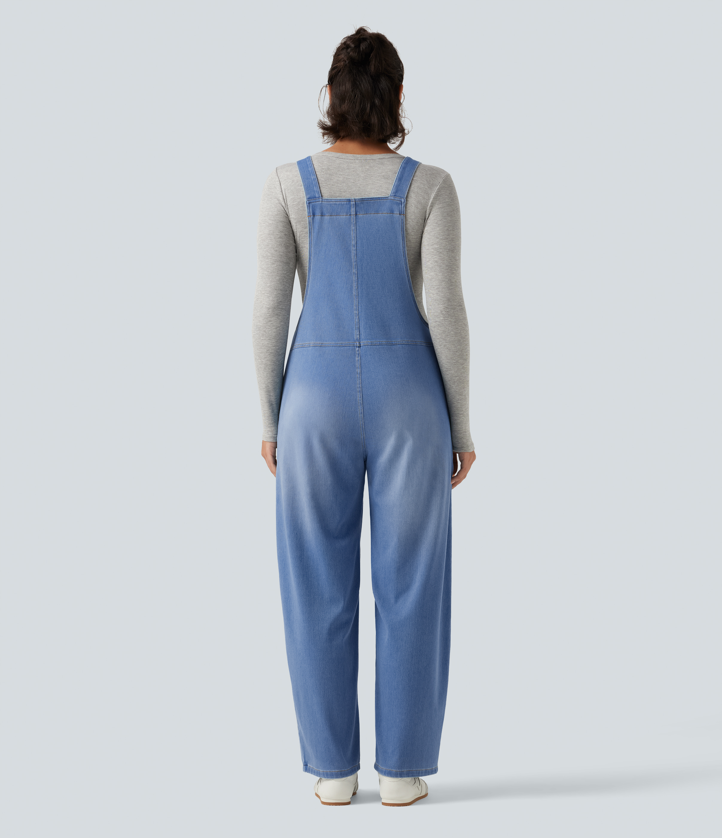 Powder Blue Denim Halara Flex™ V Neck Sleeveless Barrel Leg Denim Casual Overalls with Pockets / 2