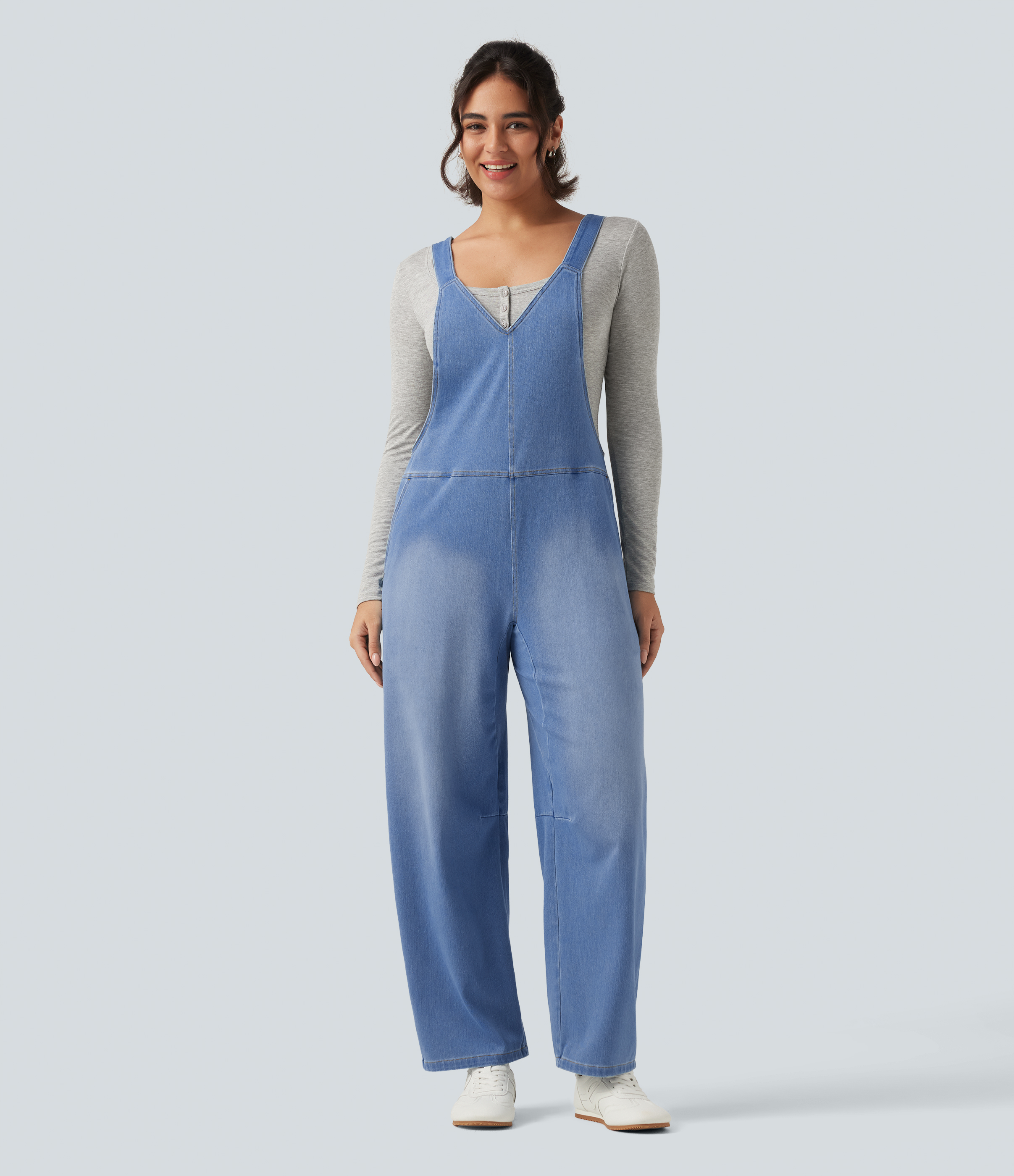 Halara Flex™ V Neck Sleeveless Barrel Leg Denim Casual Overalls with Pockets