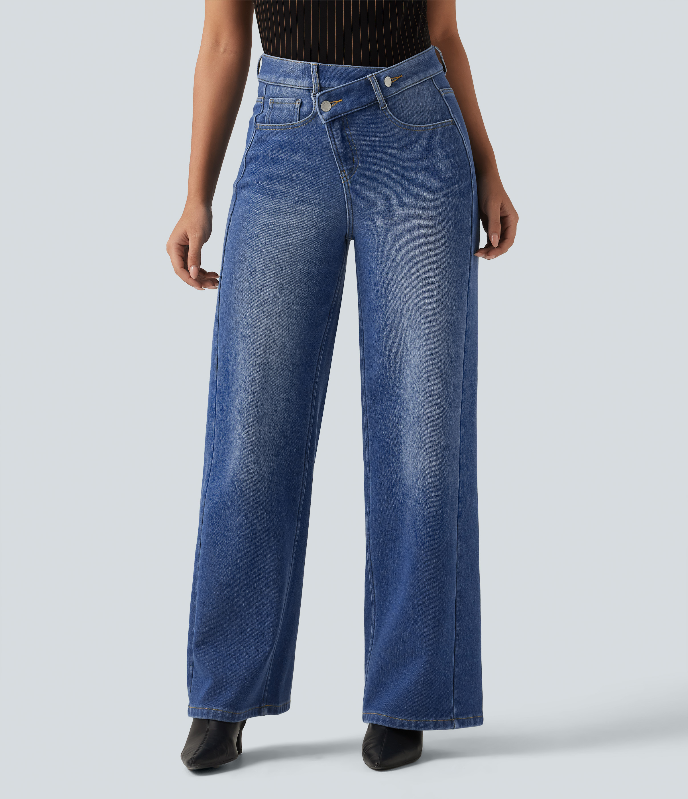 High Waisted Asymmetric Straight Leg Fleece Casual Jeans with Pockets