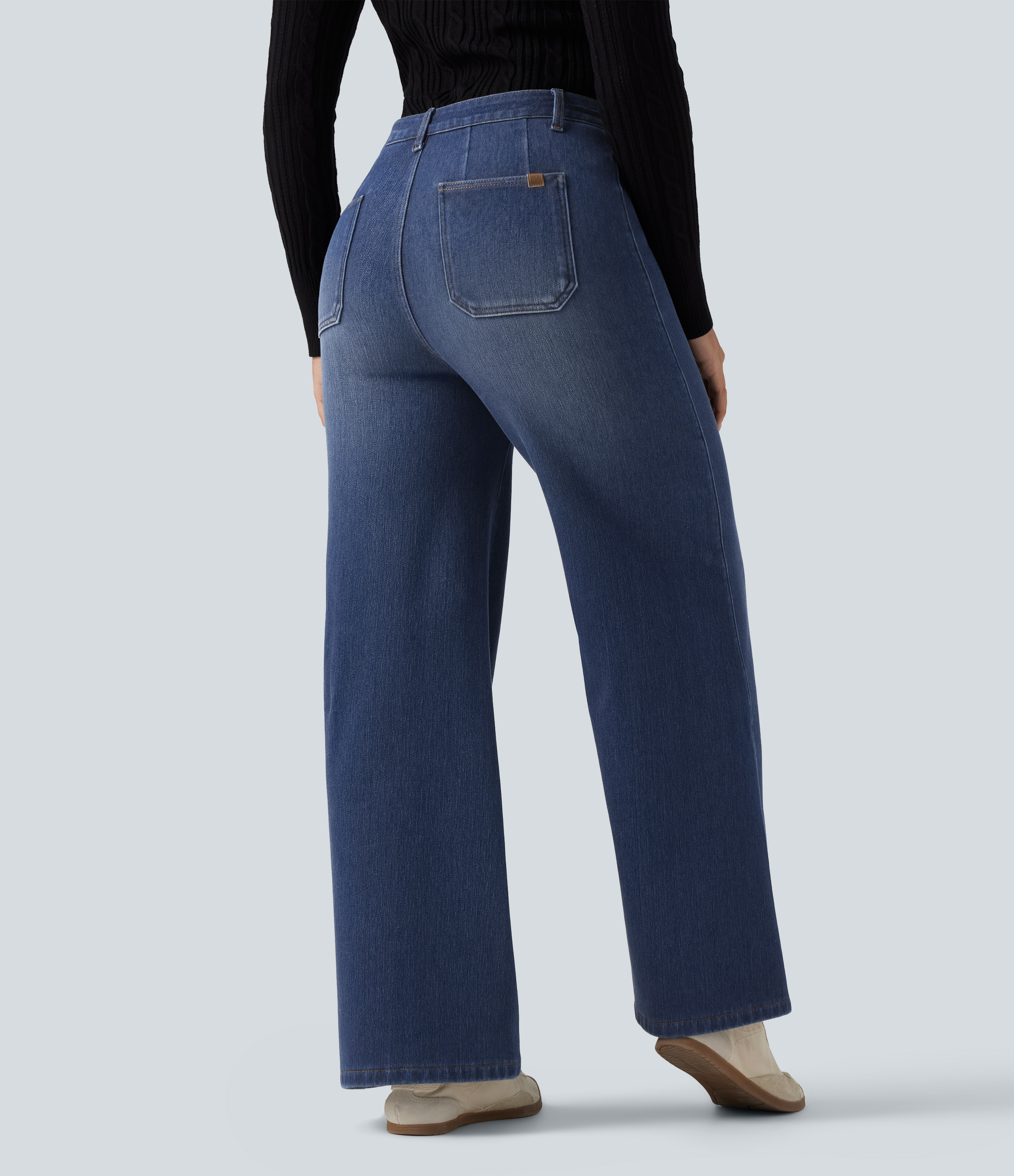 Estate Blue Denim Lässige Fleece-Jeans aus Baumwolle mit hohem Bund, Gesäßtaschen und weitem Bein / 2