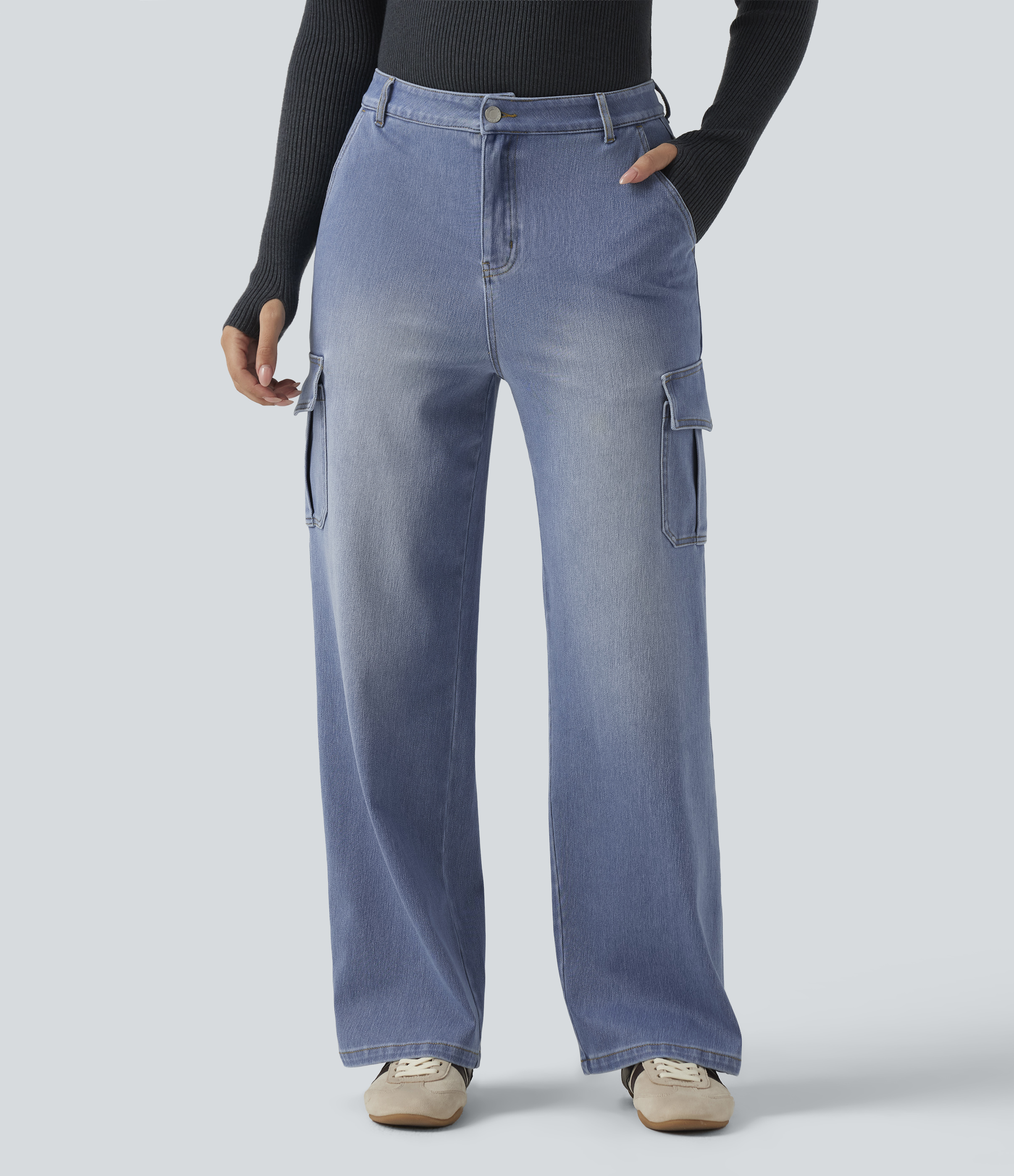 Powder Blue Denim Halara Flex™ Mid Rise Straight Leg Casual Cargo Jeans with Pockets / 1