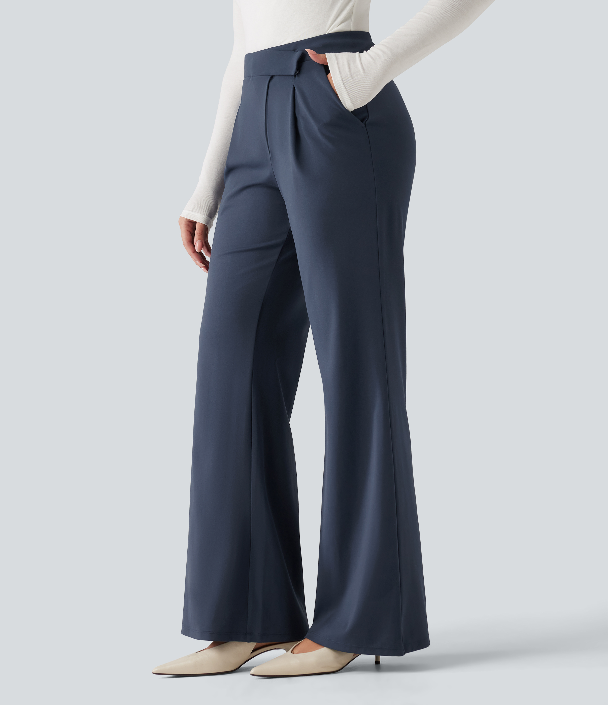 Halara Flex™ DayStretch Winkle Recovery Mid Rise Asymmetric Waist Flare Work Pants with Pockets