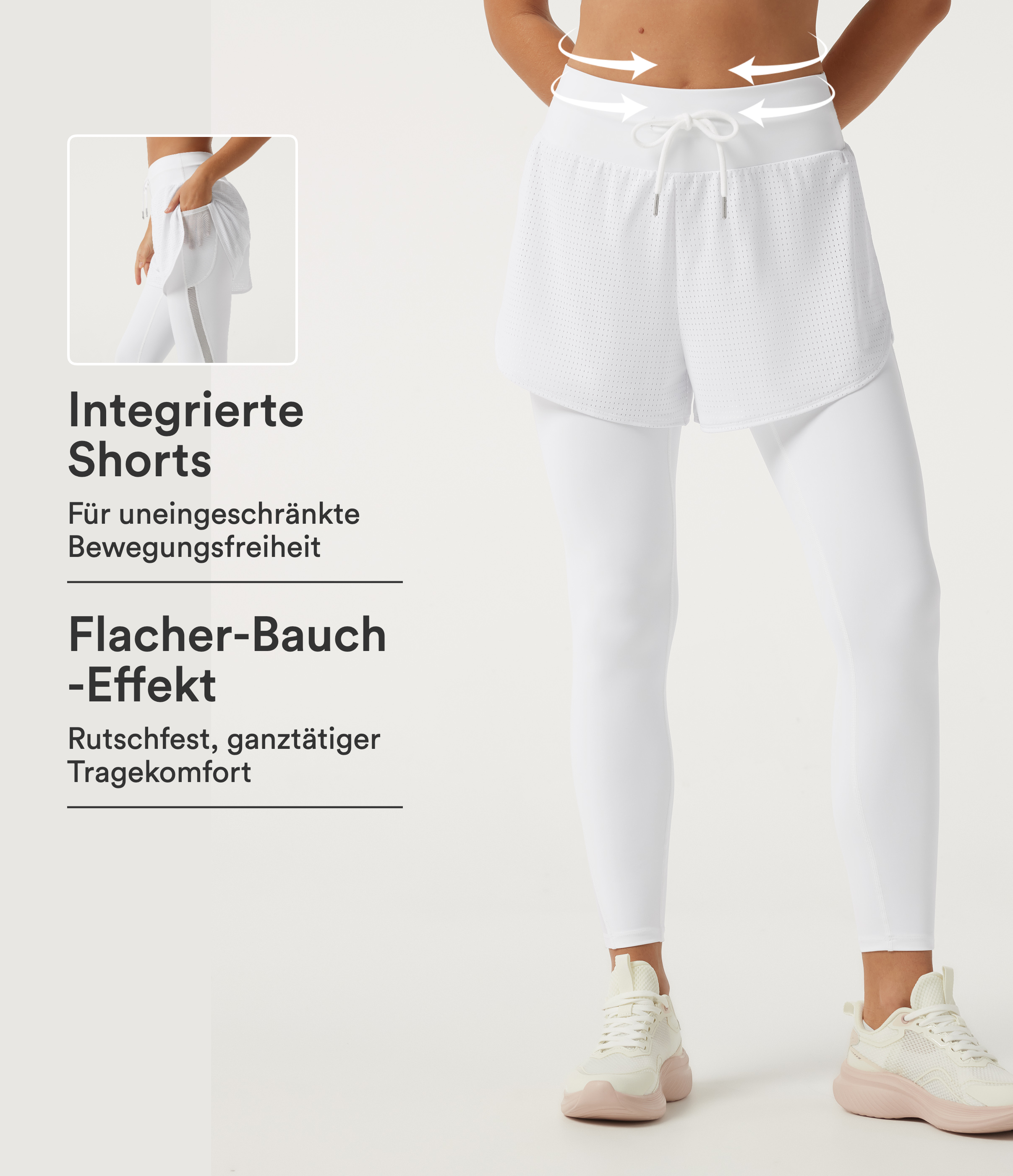 Weiß Lauf-Leggings mit hohem Bund, Seitentaschen, Bauchkontrolle und Kontrast-Mesh / 1