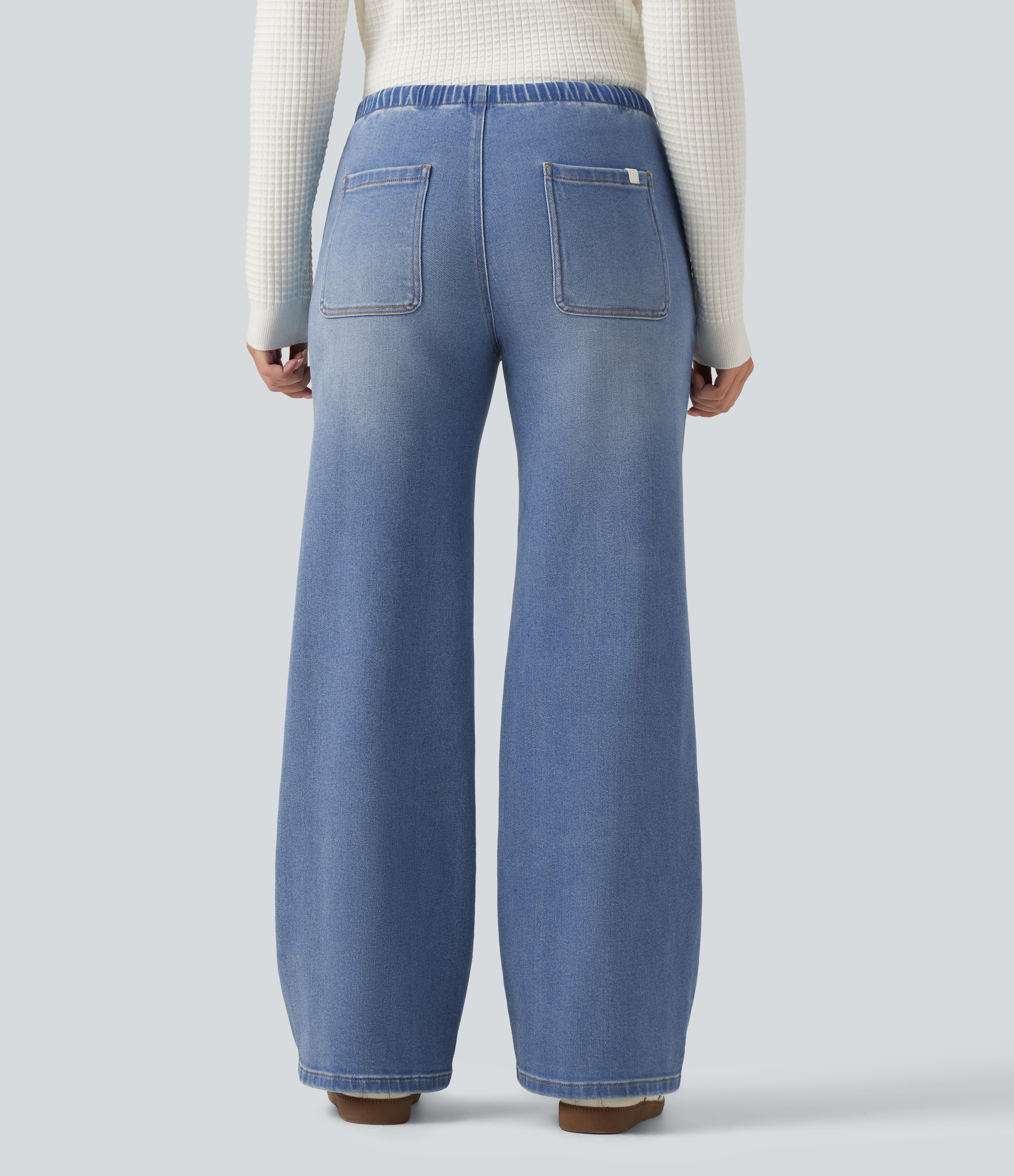  Blue Jasper Denim Low Rise Drawstring Wide Leg Casual Jeans with Pockets / 2