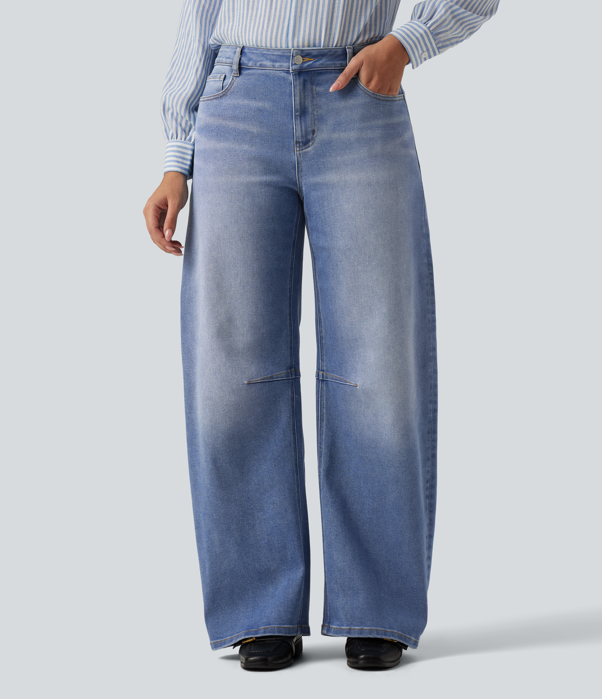 Mid Rise Barrel Leg Casual Jeans with Pockets