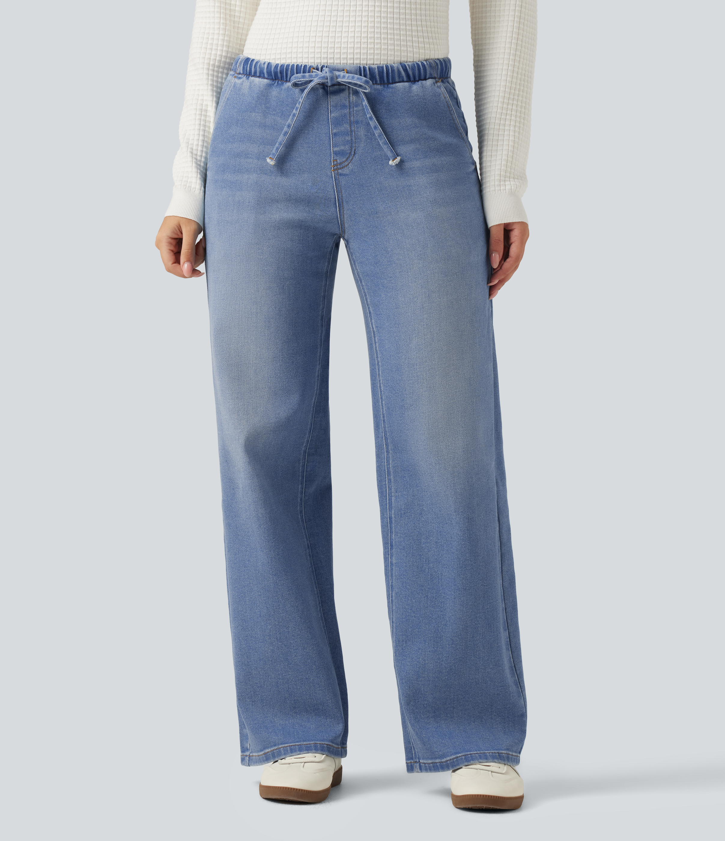 Low Rise Drawstring Wide Leg Casual Jeans with Pockets