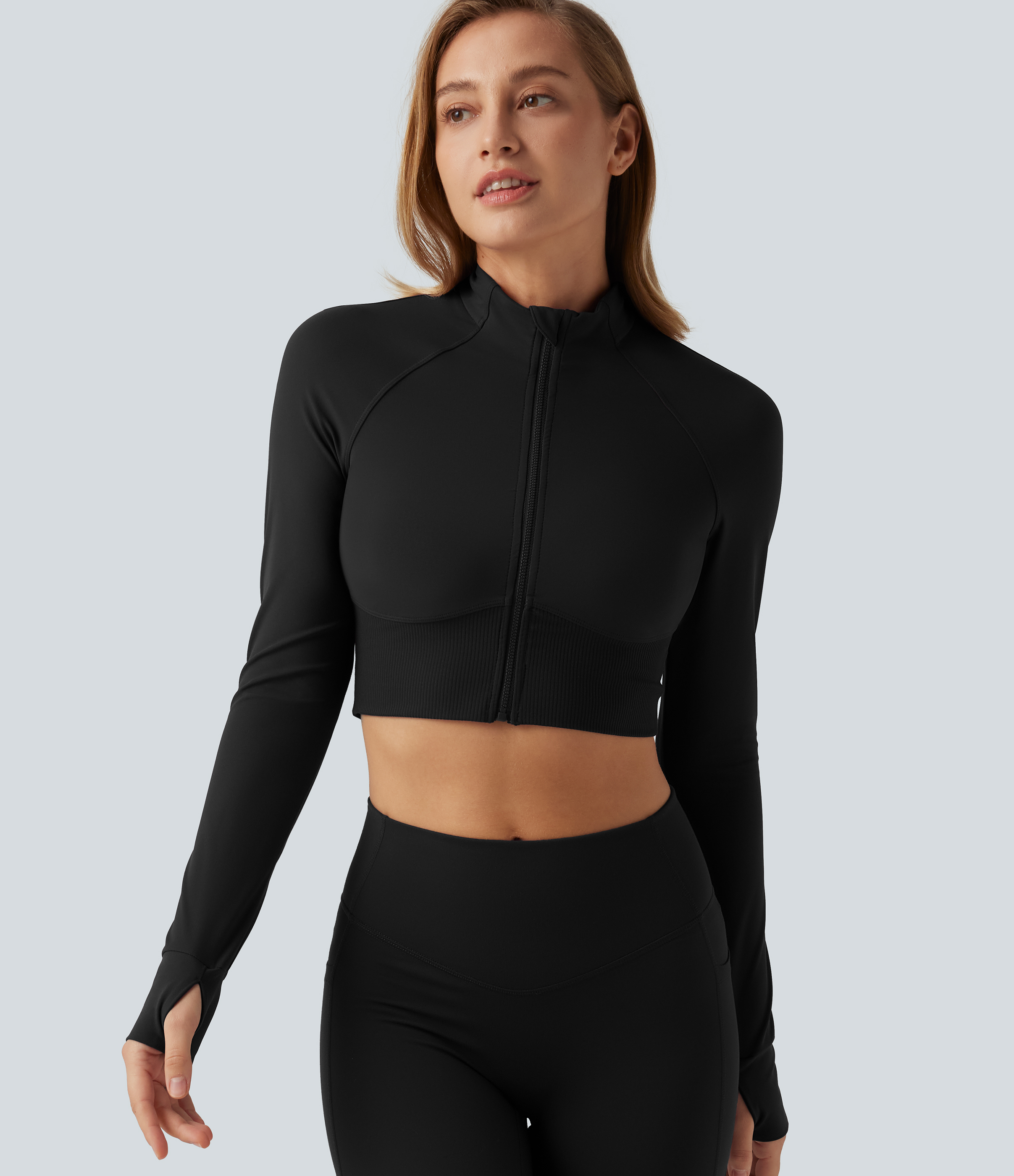 Halara UltraSculpt™ Mock Neck Raglan Long Sleeve Thumb Hole Cropped Yoga Jacket