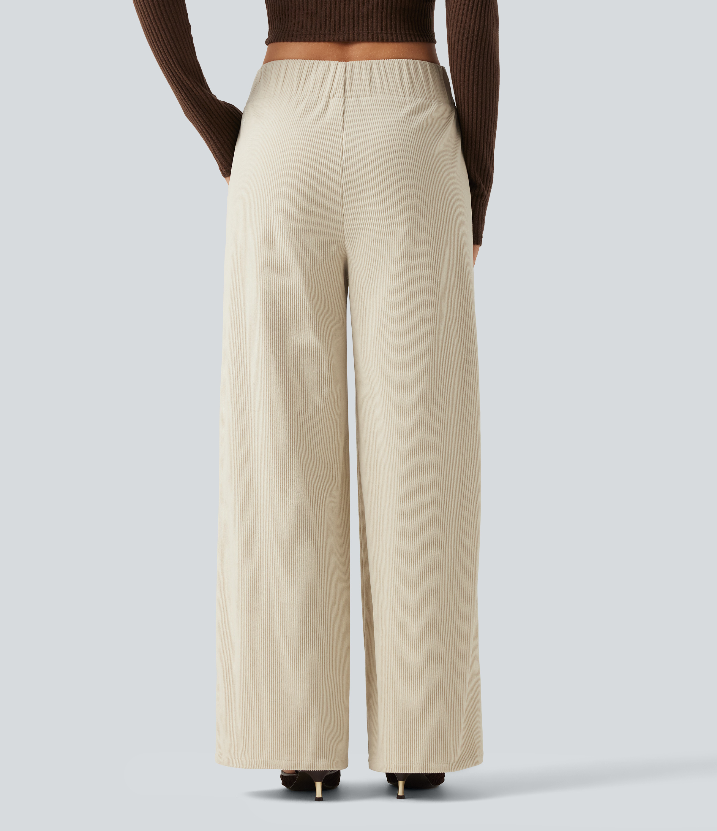 Cream Mist Ribbed Mid Rise Wide Leg Corduroy Casual Pants with Pockets / 2
