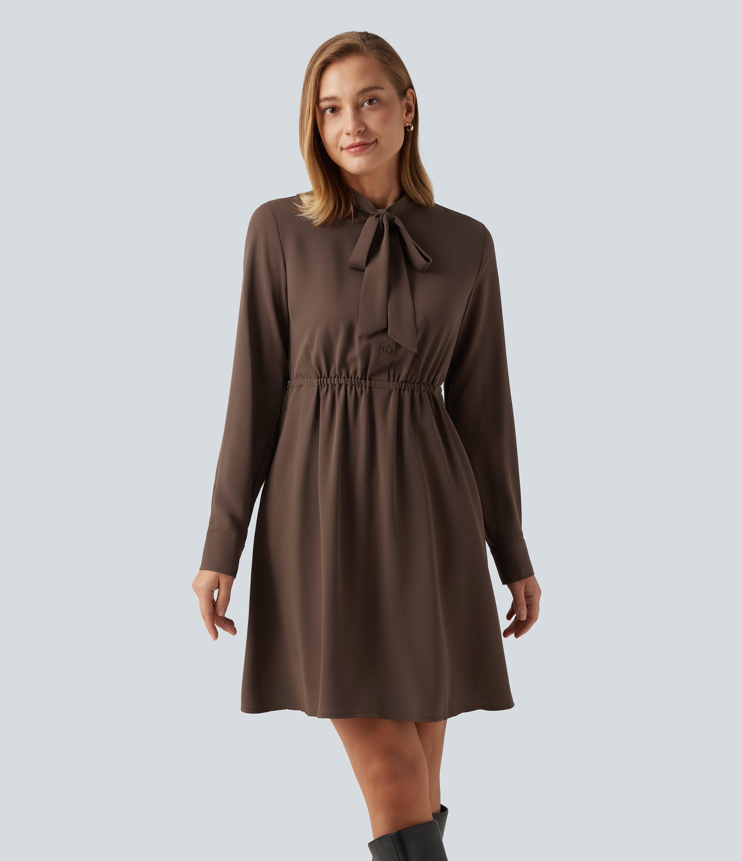 Stand Collar Tie Front Long Sleeve Ruched Mini Casual Shirt Dress with Pockets
