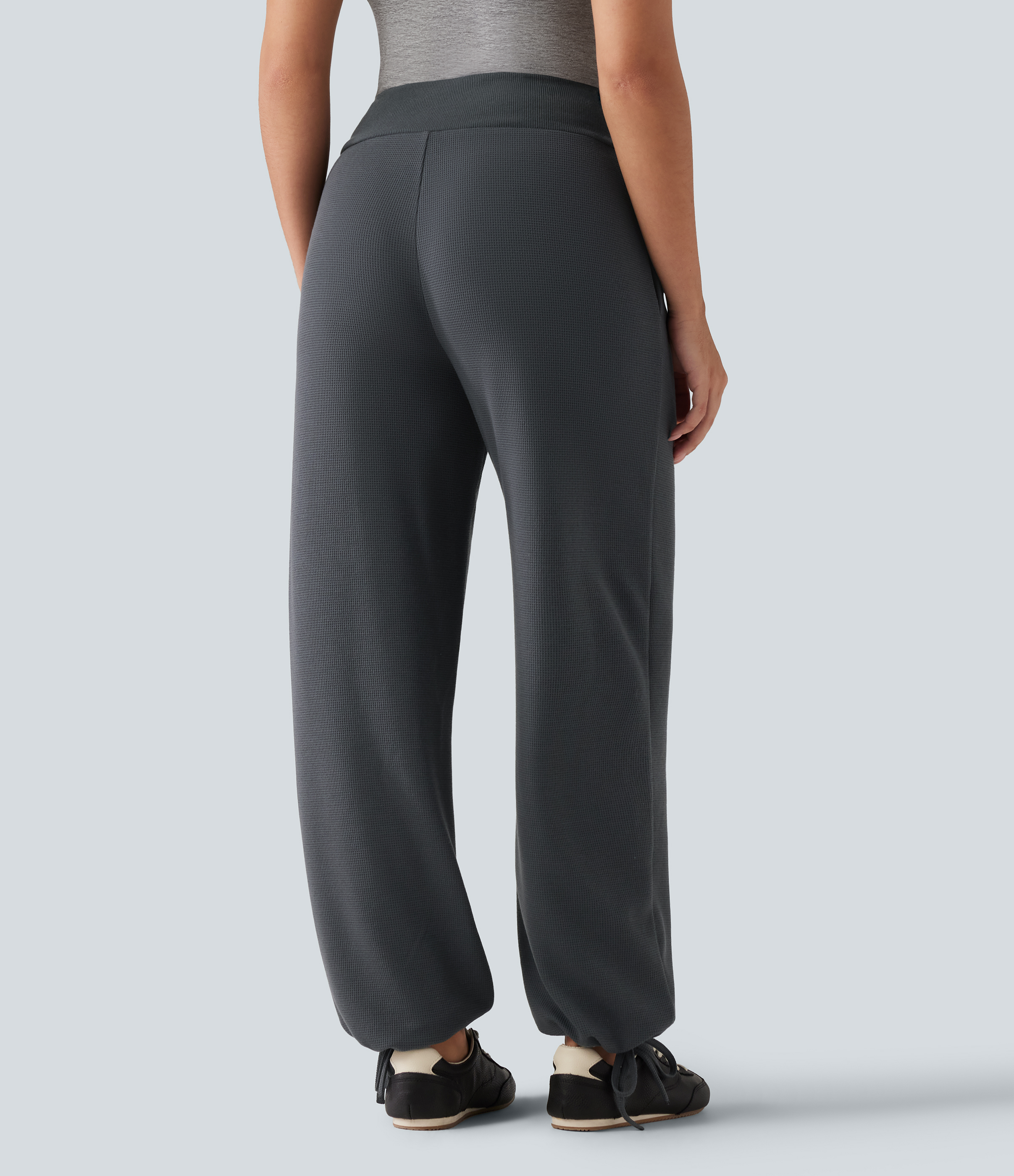Gray Pinstripe High Waisted Crossover Gathered Hem Casual Joggers with Pockets / 2
