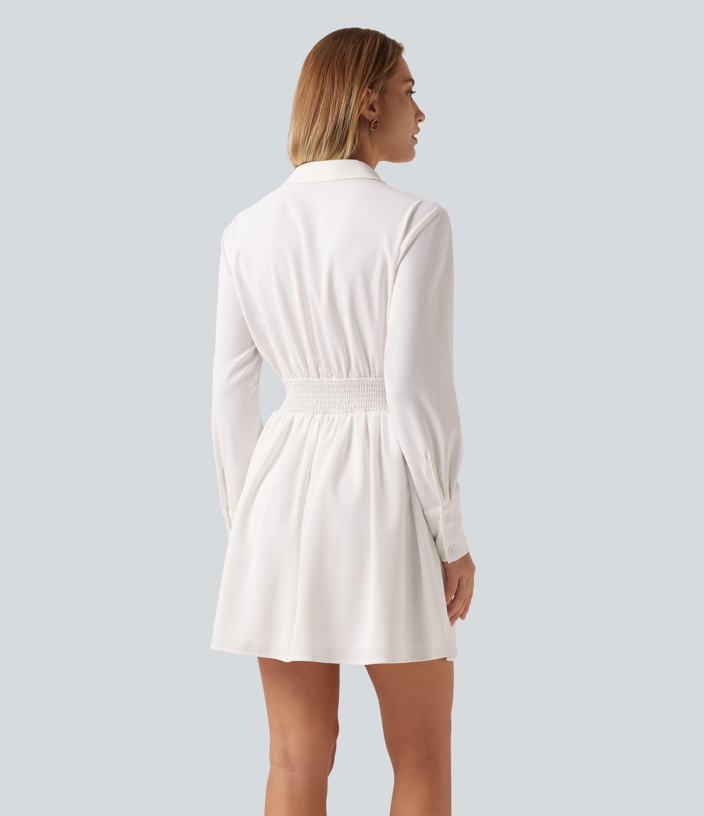 Weiß Gerafftes Party-Minikleid in A-Linie mit Hemdkragen, Seitentaschen und langen Ärmeln / 2