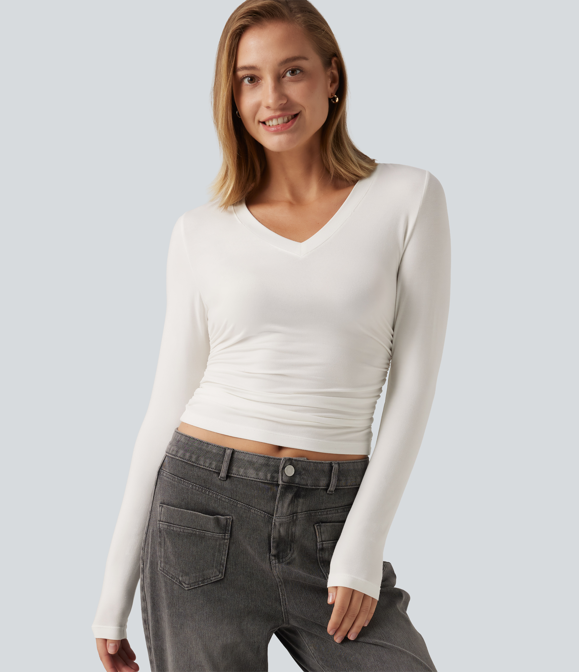 V Neck Long Sleeve Ruched Casual T-Shirt