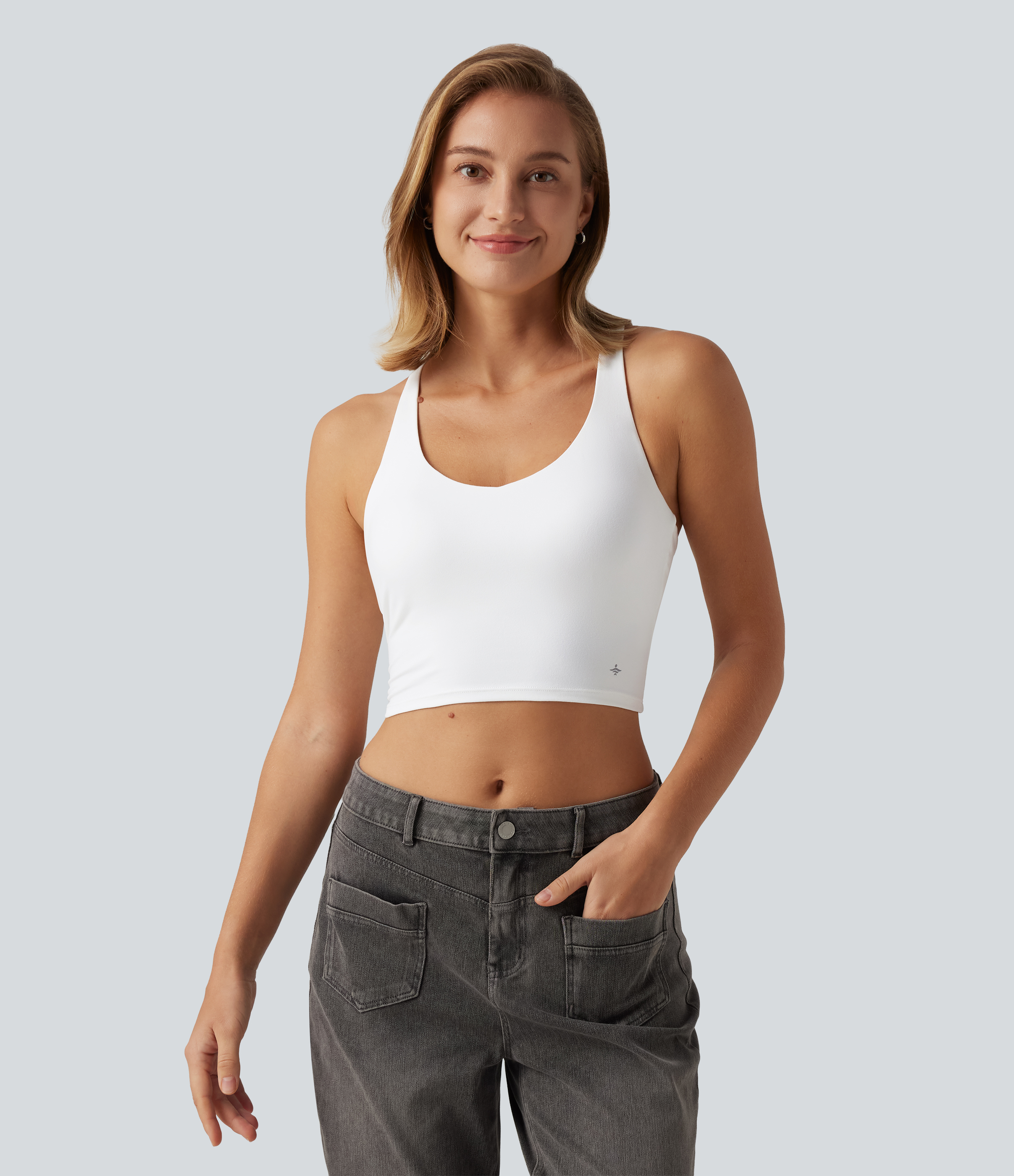 White V Neck Crisscross Casual Tank Top with Built-in Bra / 2