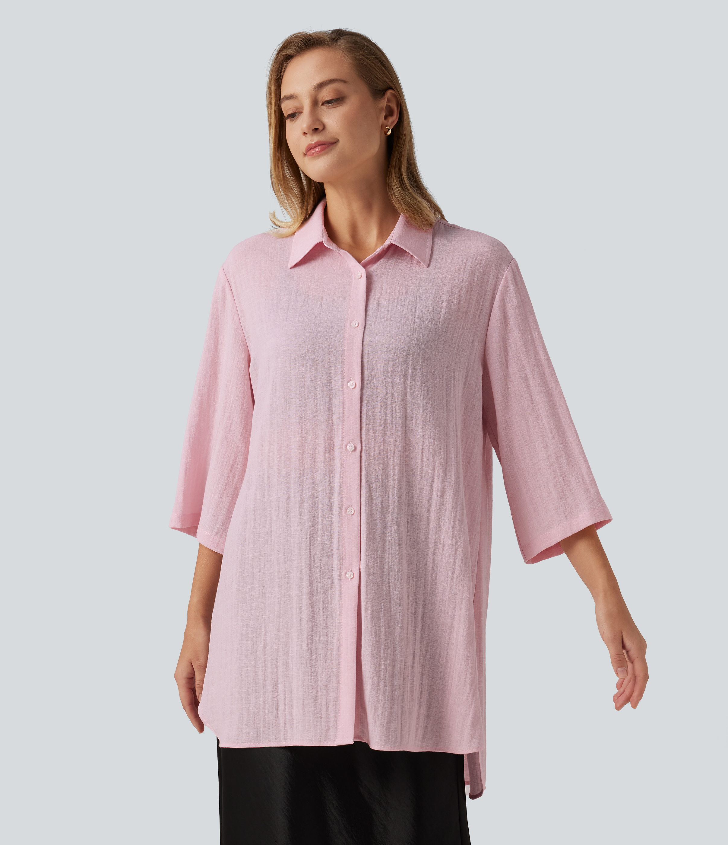 Collared 3/4 Sleeve Curved Hem Linen-Feel Oversized Casual Shirts