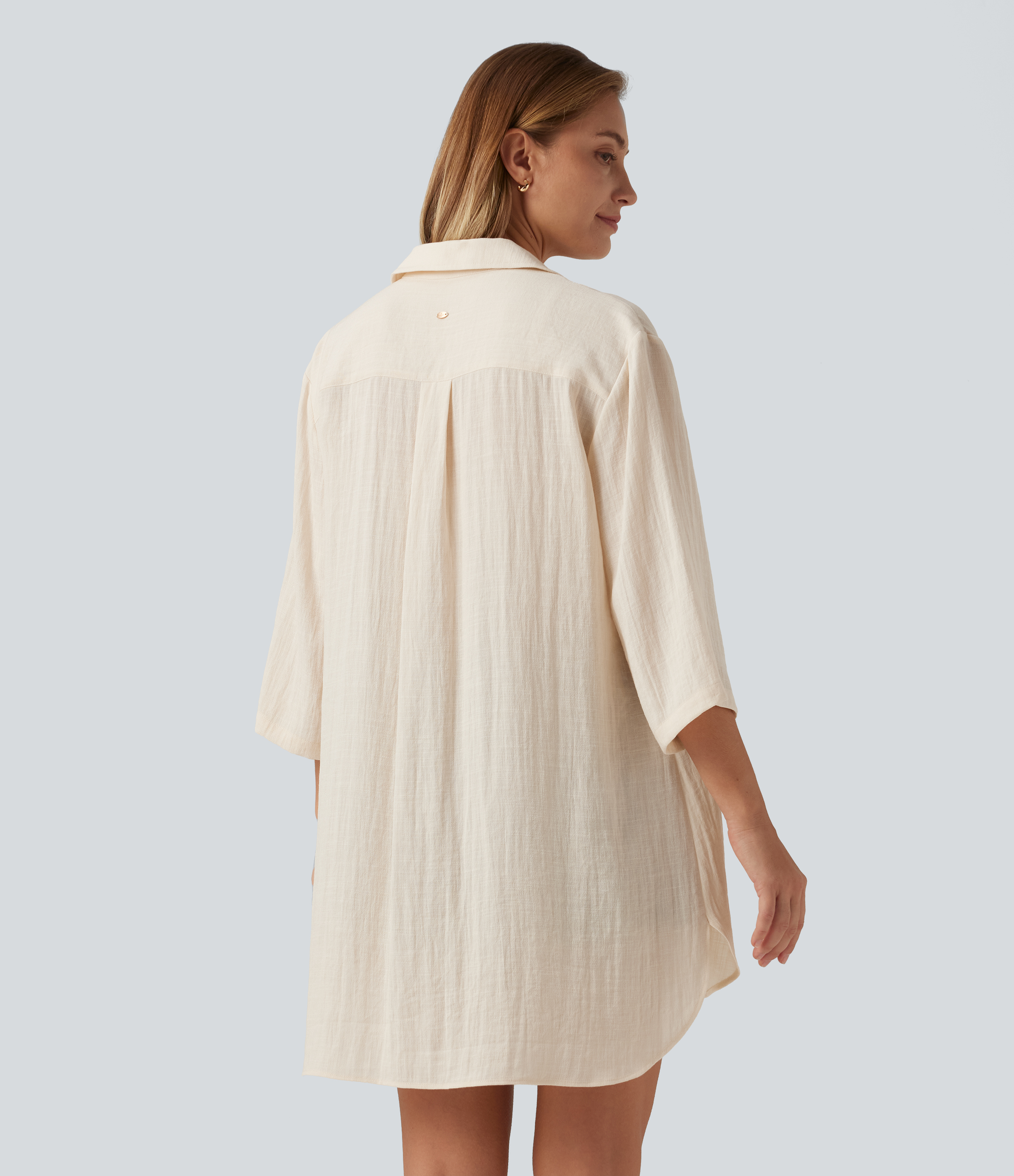 Vanilla Ice Collared 3/4 Sleeve Curved Hem Linen-Feel Oversized Casual Shirts / 2