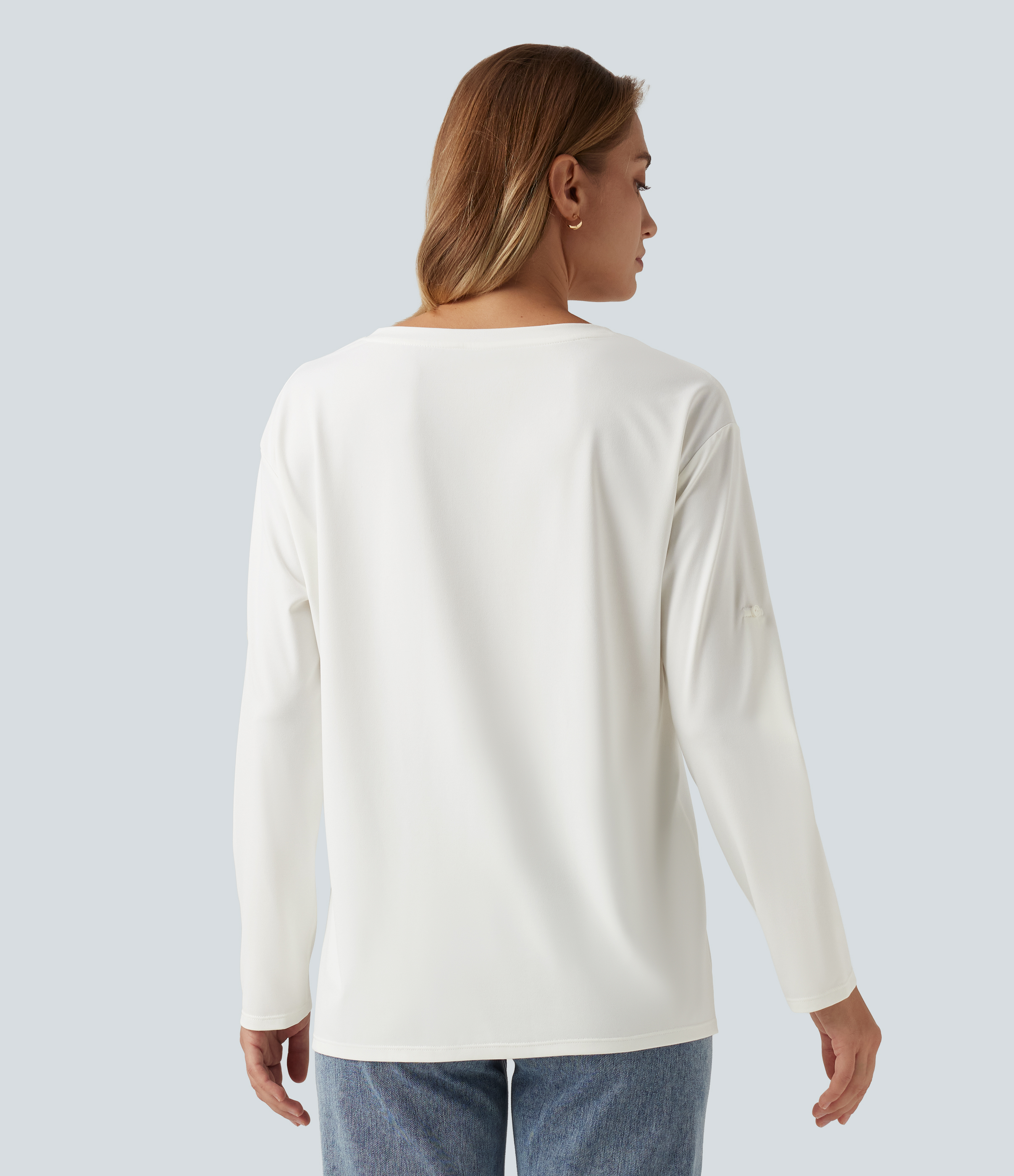 Blanc T-shirt décontracté à col en V, à manches longues, avec poche / 2