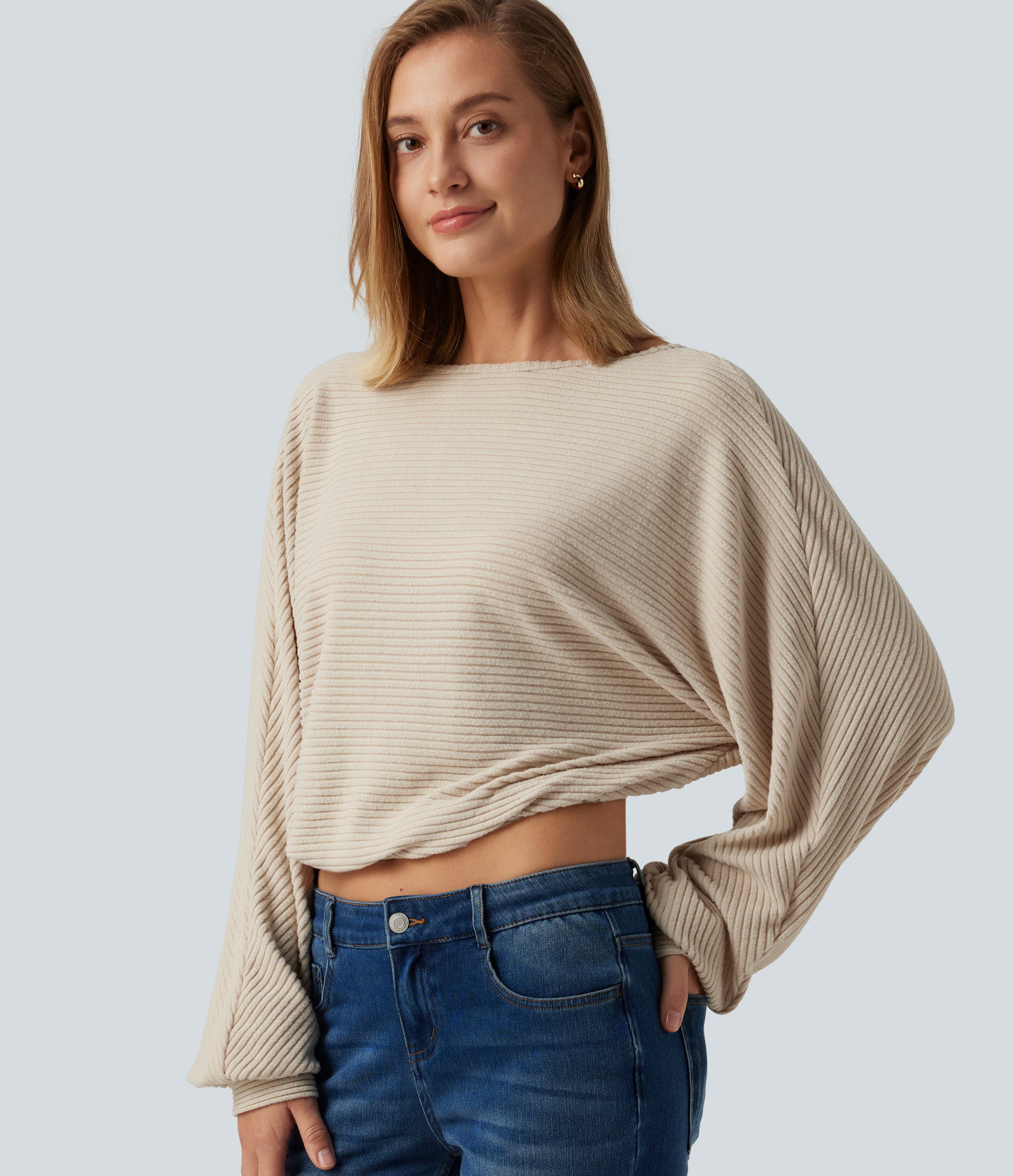 Ribbed Knit Boat Neck Long Sleeve V Back Casual Top