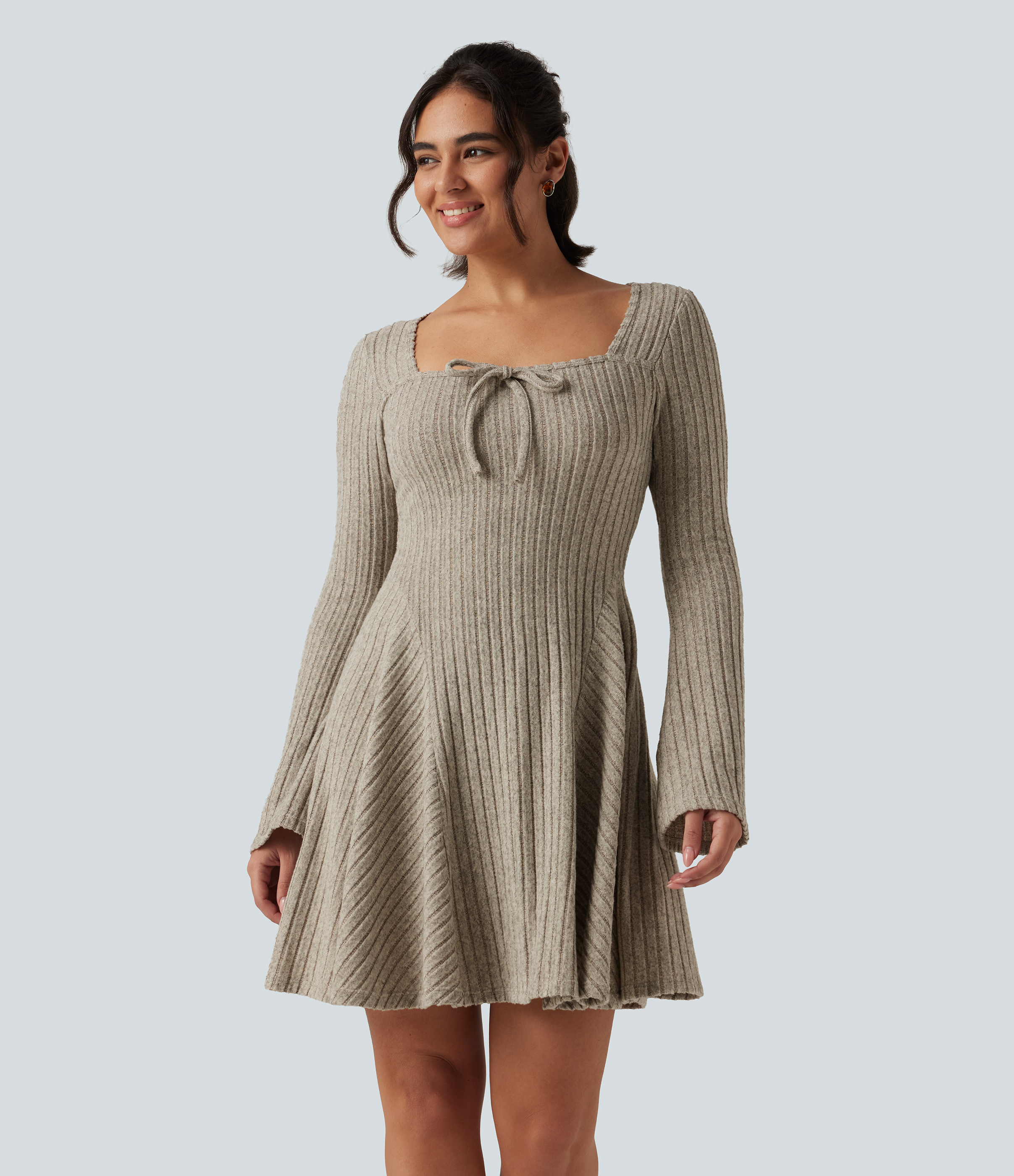 Ribbed Knit Square Neck Flounce Long Sleeve Decorative Knot Casual Flare Mini Dress