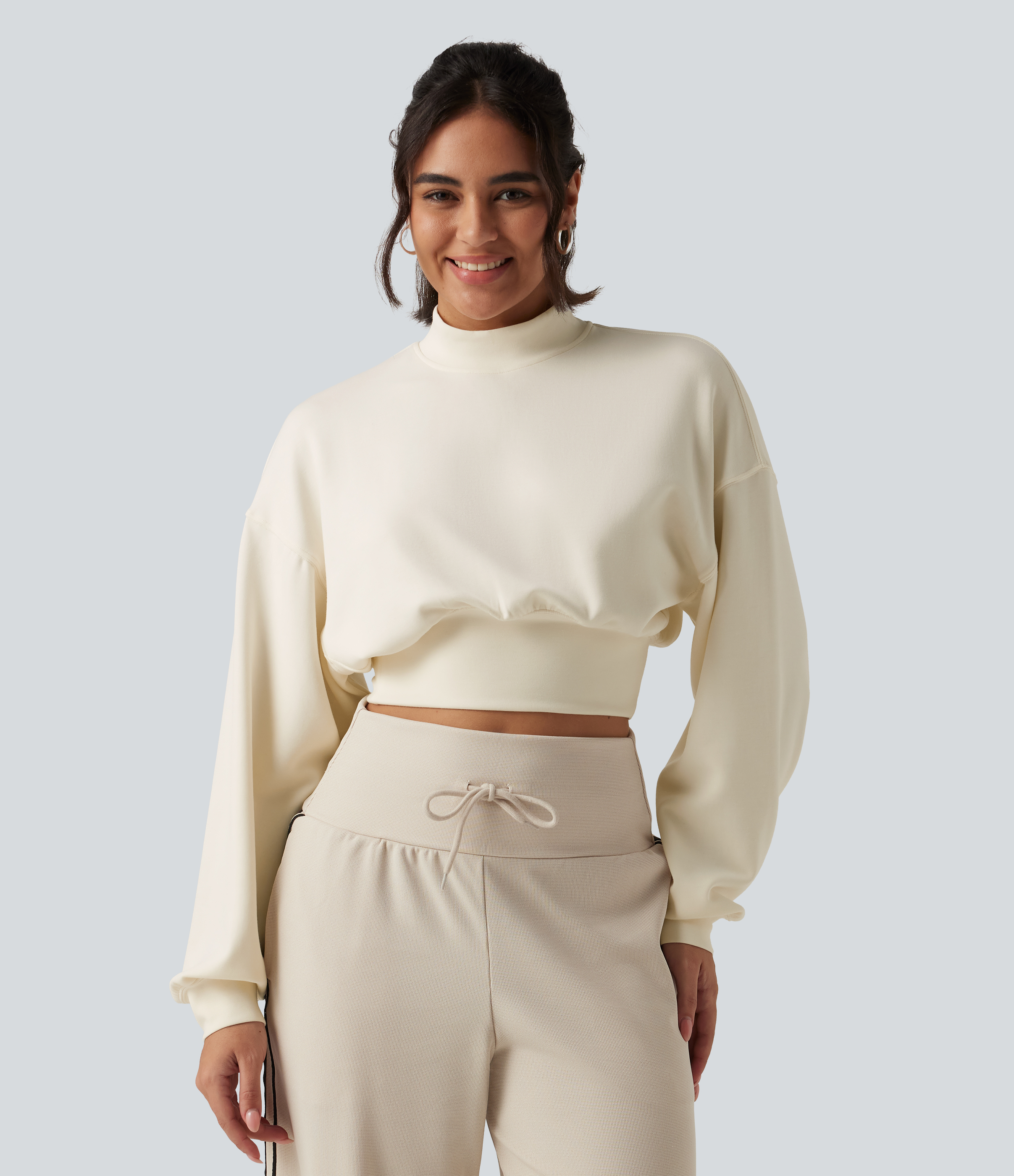 Mock Neck Dropped Long Sleeve Casual Cropped Sweatshirt