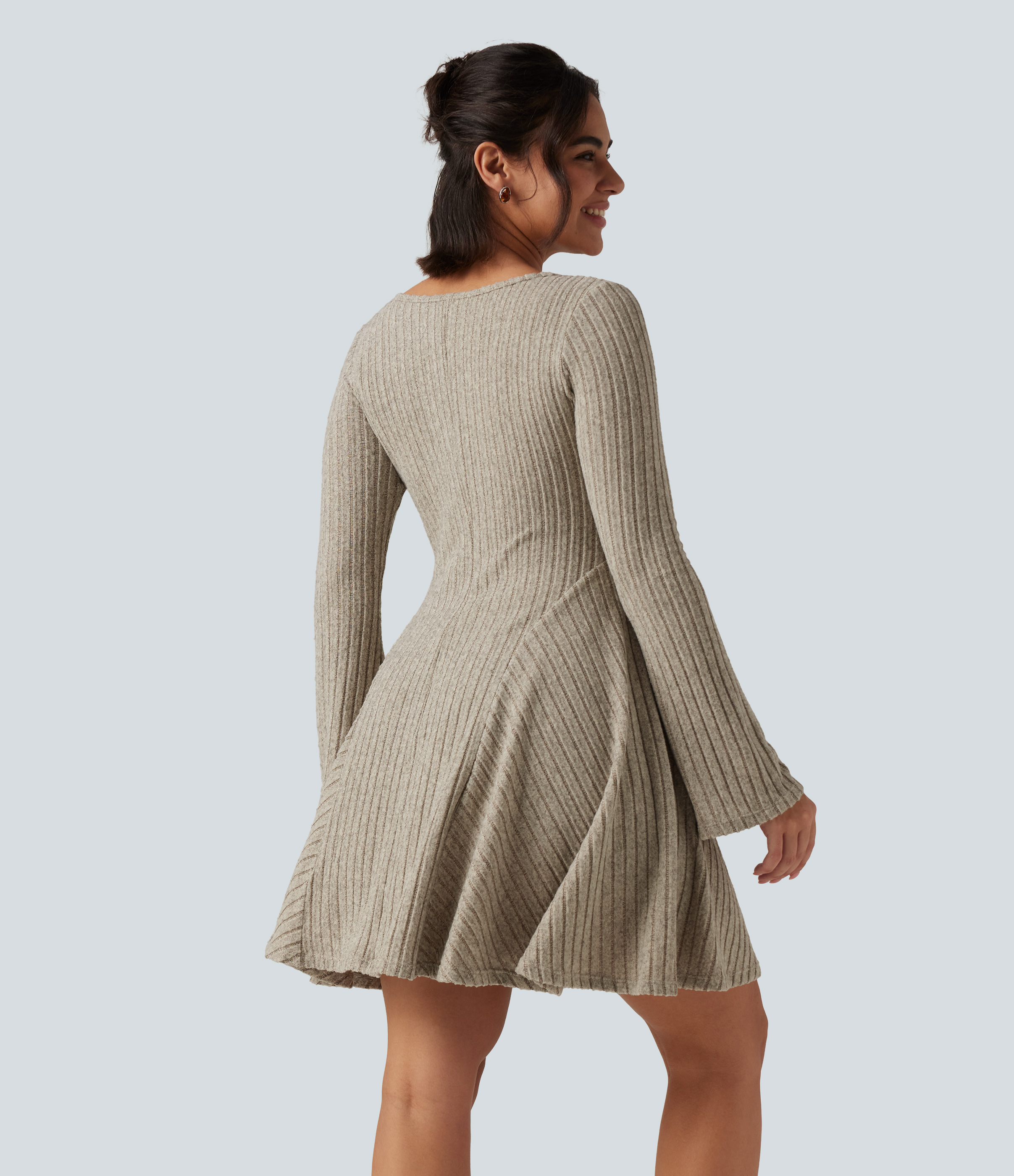 Warm Grey Floral Velvet Ribbed Knit Square Neck Flounce Long Sleeve Decorative Knot Casual Flare Mini Dress / 2