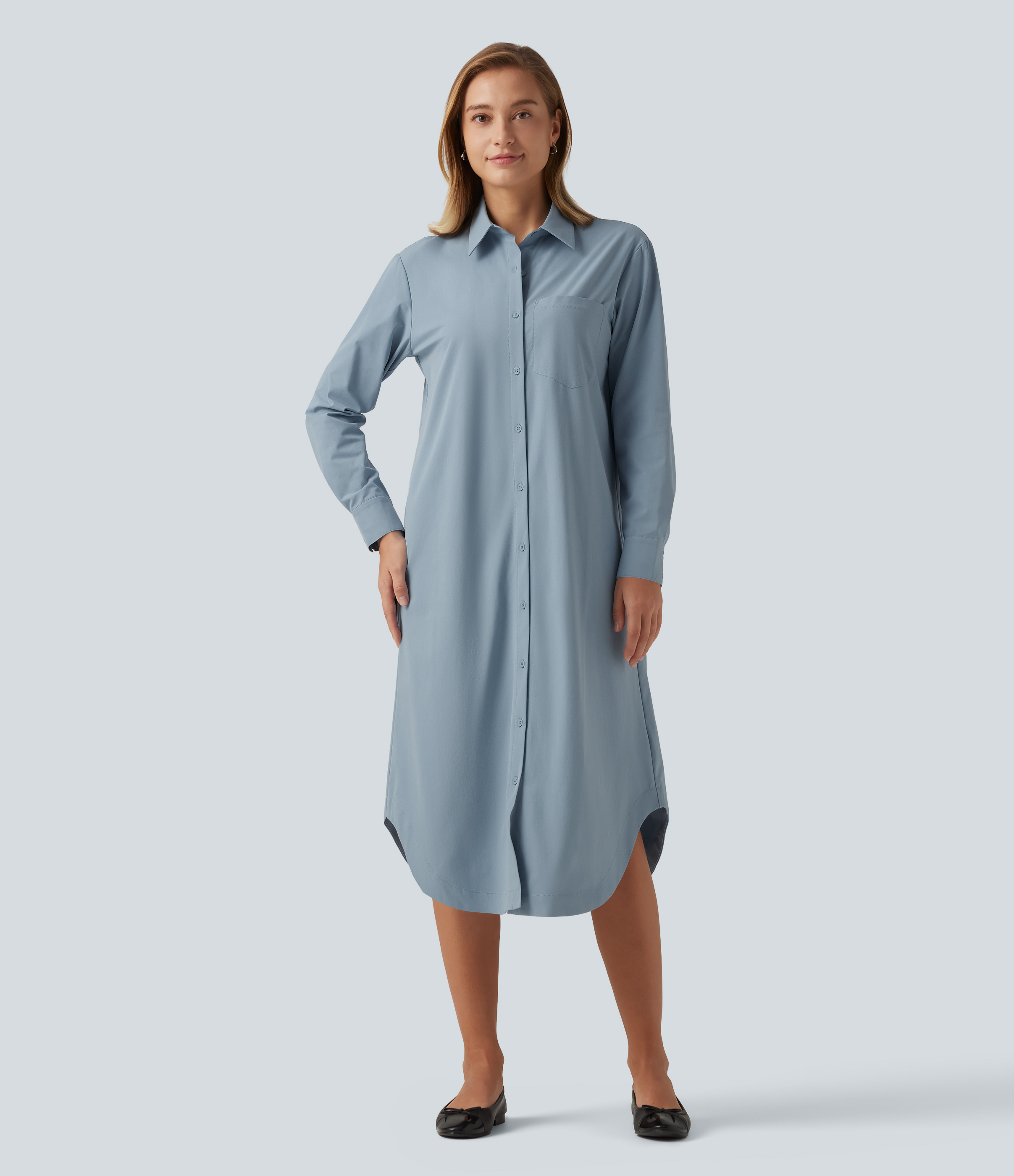Long Sleeve Midi Work Shirt Dress with Pocket 