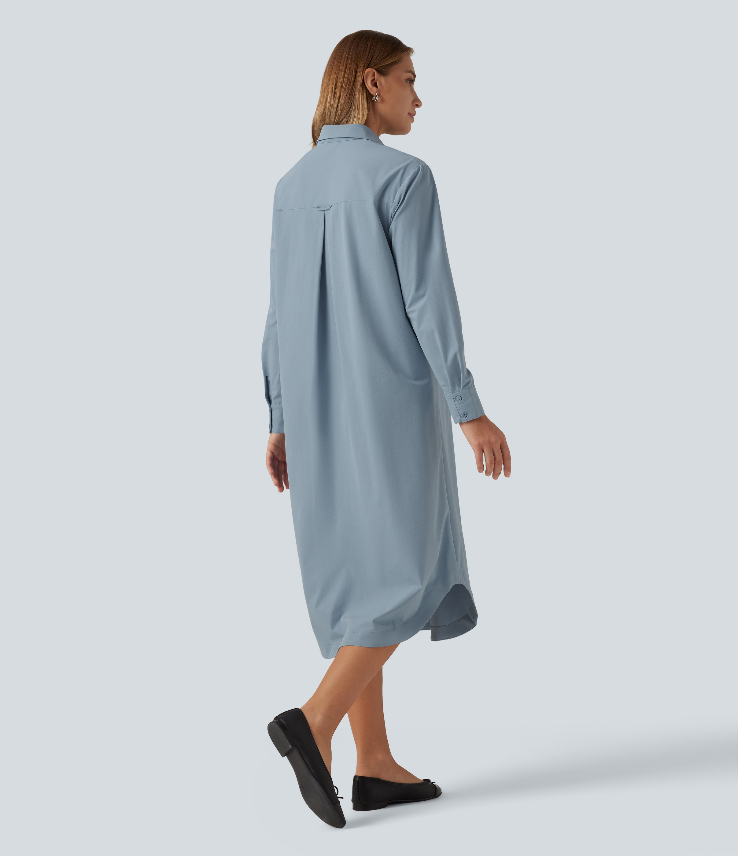 Mountain Spring Long Sleeve Midi Work Shirt Dress with Pocket  / 2