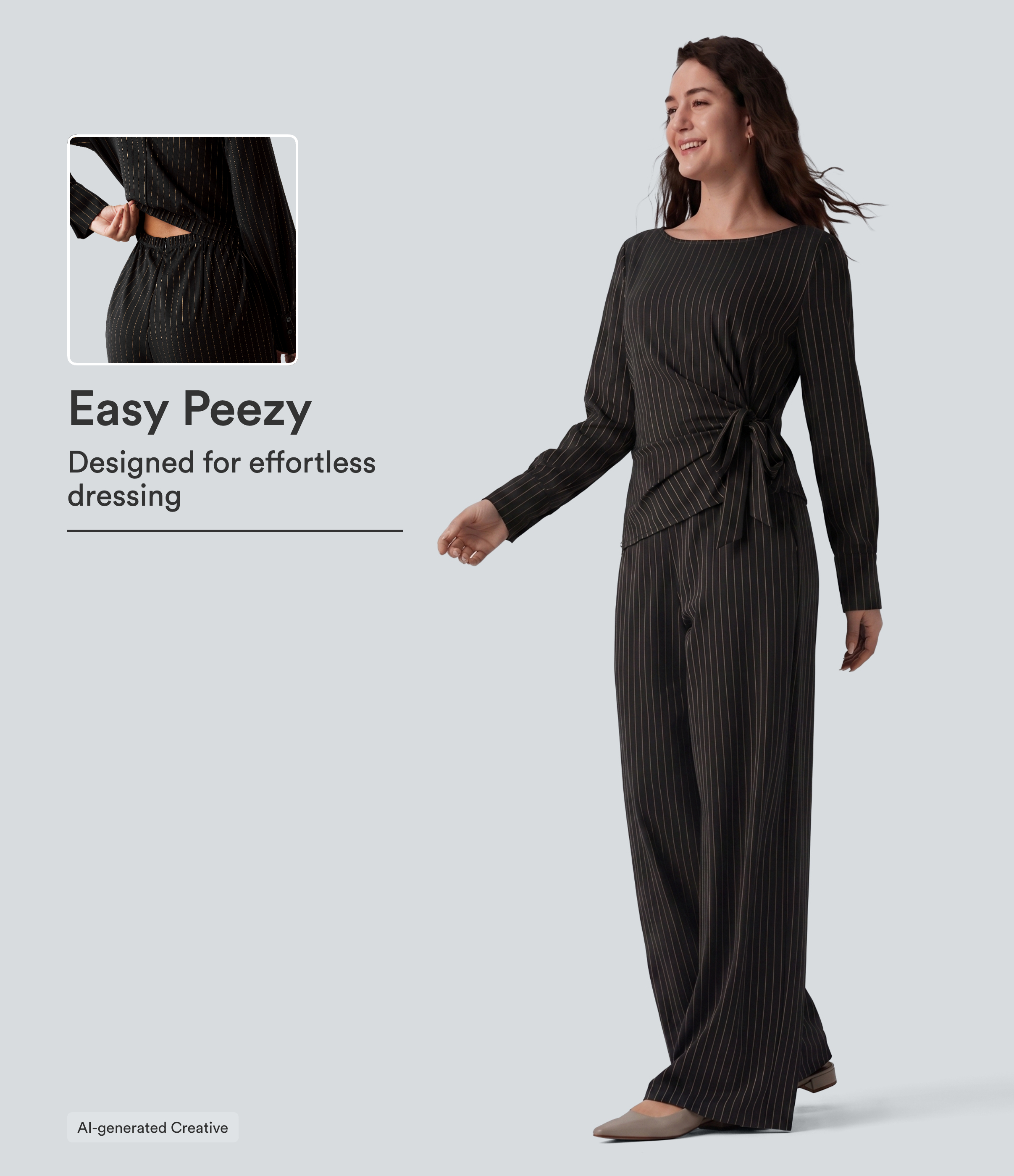 Boat Neck Long Sleeve Tie Side Cool Touch Stripe Work Jumpsuit with Pockets-Easy Peezy Edition